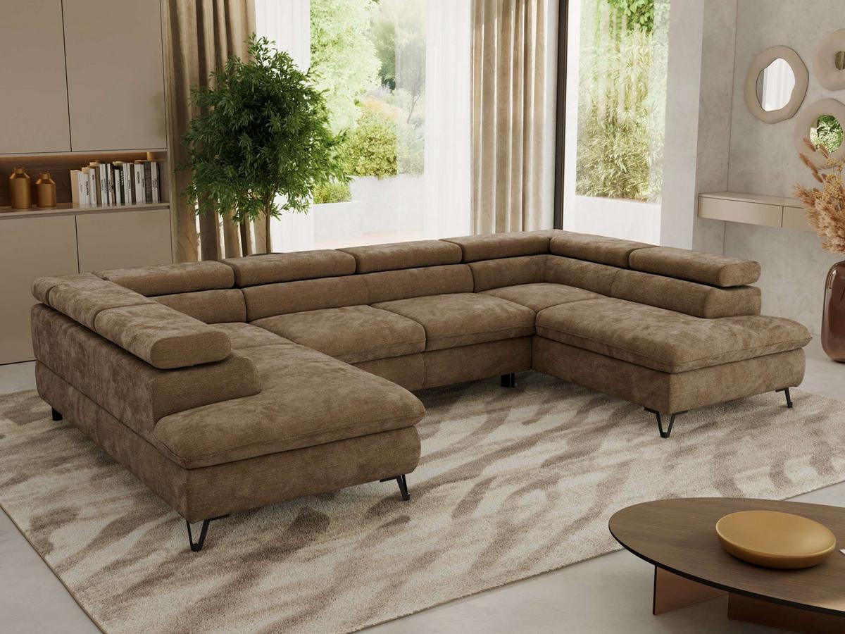WOHNLANDSCHAFT PABLO U Schenille glatt Braun - Schwarz/Braun, Textil/Metall (346/76/208cm) - MKS