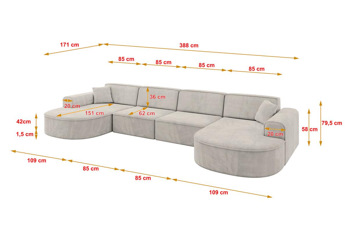 WOHNLANDSCHAFT MARI-U2 - 388x171x79 cm Hellbraun Velours - Hellbraun/Schwarz, Holzwerkstoff/Kunststoff (388/79/171cm) - ALTDECOR