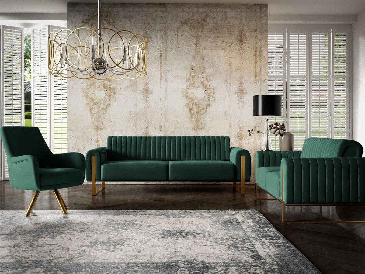 SOFASET Valerie 3-2 Und Drehsessel - Grün, Holzwerkstoff/Textil (228/79/90cm) - Fun Möbel