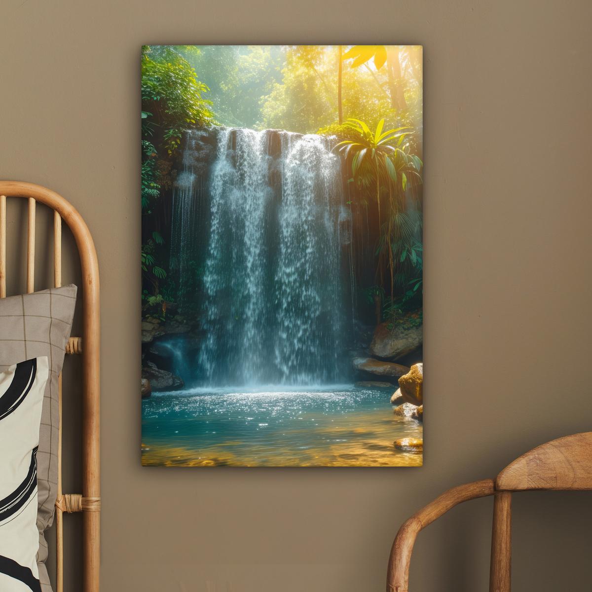 LEINWANDBILD Wasserfall - Dschungel - Sonne - Grün - Natur Wanddeko Schlafzimmer 60x90 cm - Grün, Textil (60/90cm) - MuchoWow