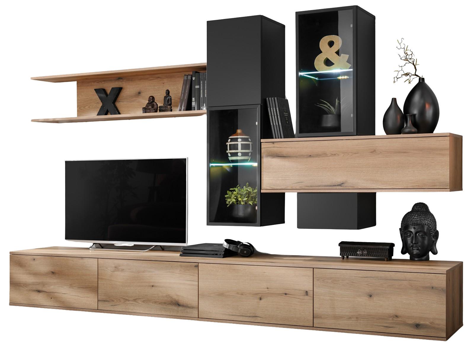 WOHNWAND Eiche, schwarz 280 cm, Schrankwand mit Push-to-Open inklusive Beleuchtung - Eichefarben/Schwarz, Glas/Holzwerkstoff (280/180/45cm) - Furn.Design