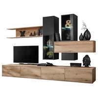 WOHNWAND Eiche, schwarz 280 cm, Schrankwand mit Push-to-Open inklusive Beleuchtung - Eichefarben/Schwarz, Glas/Holzwerkstoff (280/180/45cm) - Furn.Design