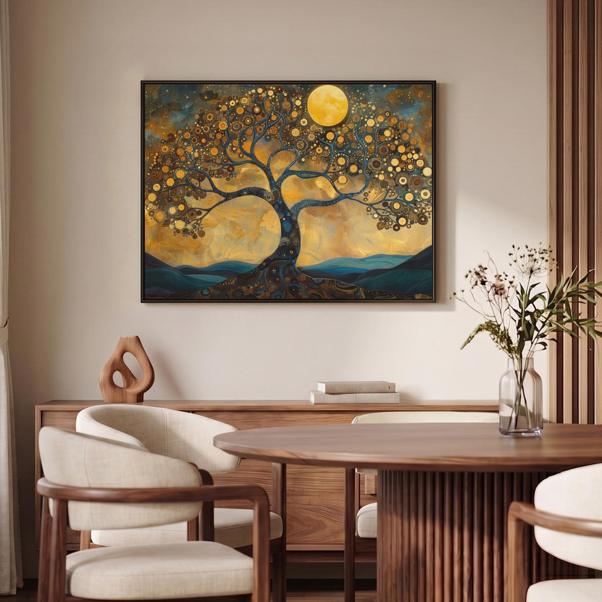 LEINWAND Bilder mit Rahmen - Baum - Mond - Blumen - Gold - Kunst - 100x70 - Orange, Textil (100/70cm) - MuchoWow