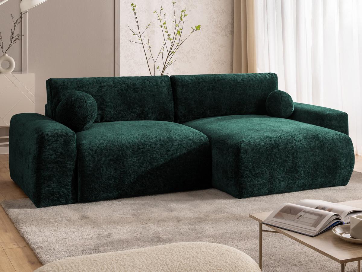 ECKSOFA Puffy mit Schlaffunktion und Bettkasten - besonders weich und puffig aus Grün Stoff mit Chenillestruktur - Ottomane rechts - Schwarz/Grün, Holz/Kunststoff (266/138cm) - S-Style Möbel