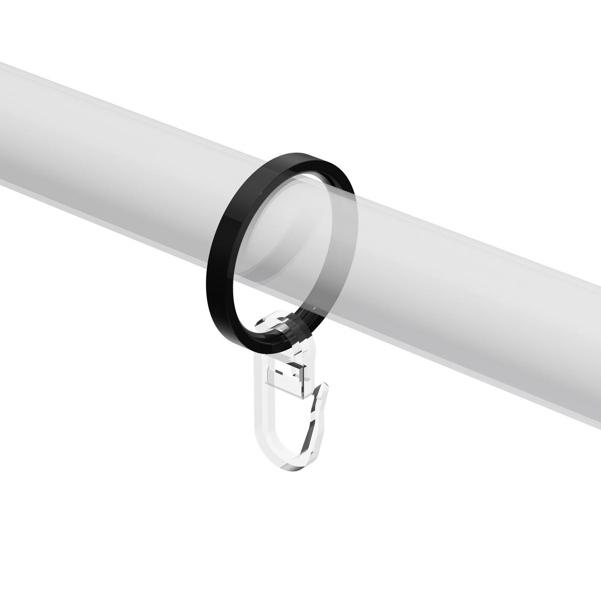 FLACHRINGE MIT FALTENHAKEN FÜR GARDINENSTANGEN 20 mm Ø, Schwarz, Packung 10 Stück - Schwarz, Metall (20cm) - INTERDECO