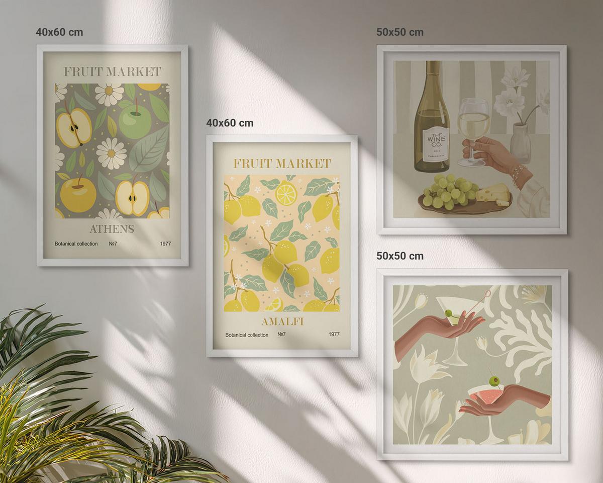 BILDER SET 4er Set - 50x50 cm & 40x60 cm Weißer Rahmen - Fruchtige Muster italienischer Wein - Weiß, Kunststoff (50/50cm) - TULUP