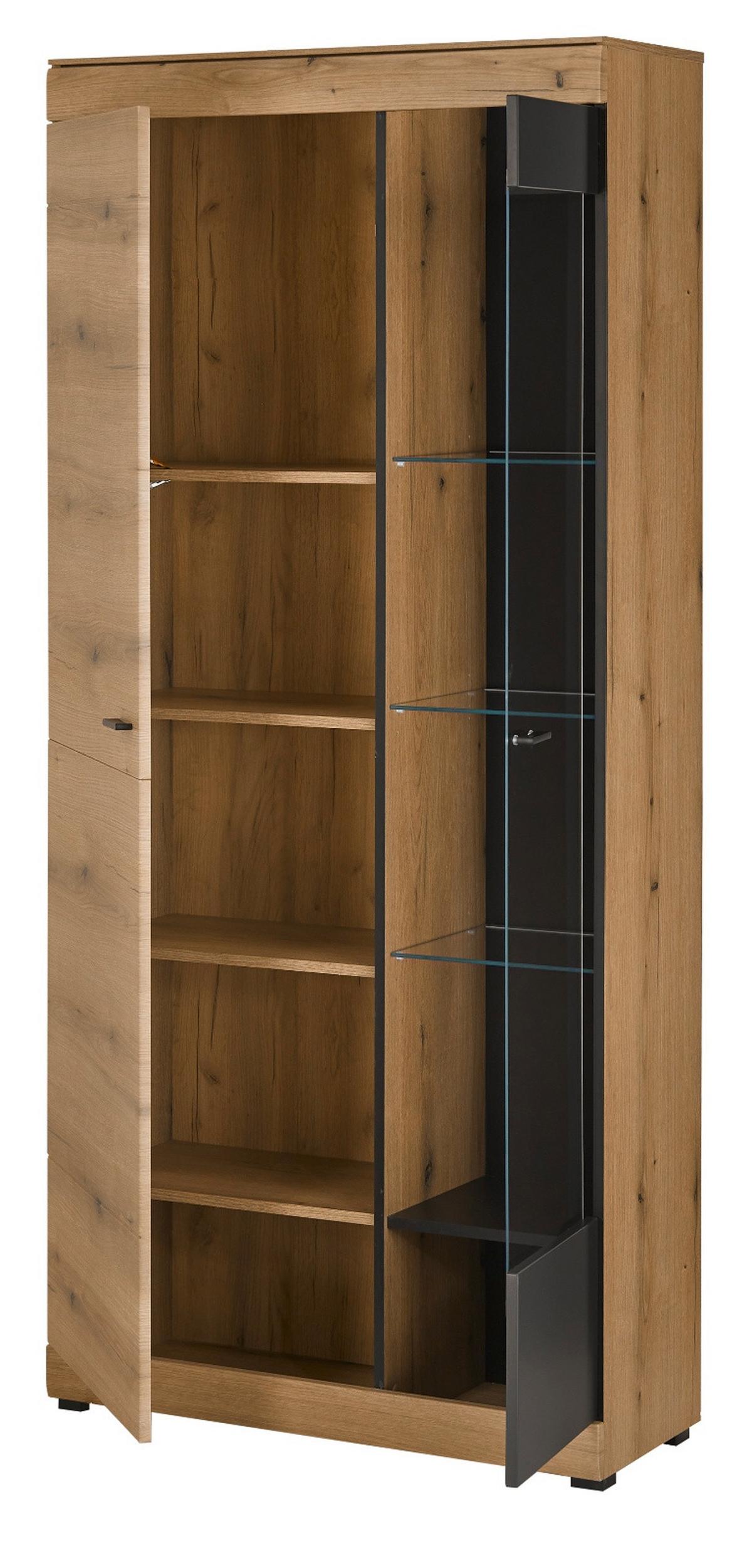 VITRINE in Eiche, grau 90 x 201 cm, Vitrinenschrank mit Soft-Close - Eichefarben/Schwarz, Glas/Holzwerkstoff (90/201/35cm) - Furn.Design