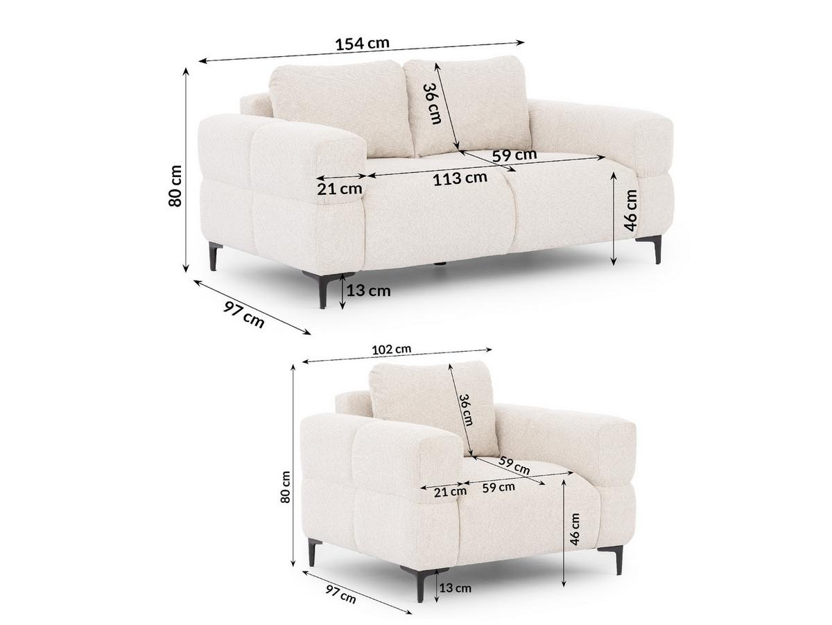 SITZGARNITUR 2+1 Cardea in Bubble-Optik aus weichem Creme Strukturstoff mit hohem Sitzkomfort - Creme/Schwarz, Holz/Textil (154/80/97cm) - S-Style Möbel