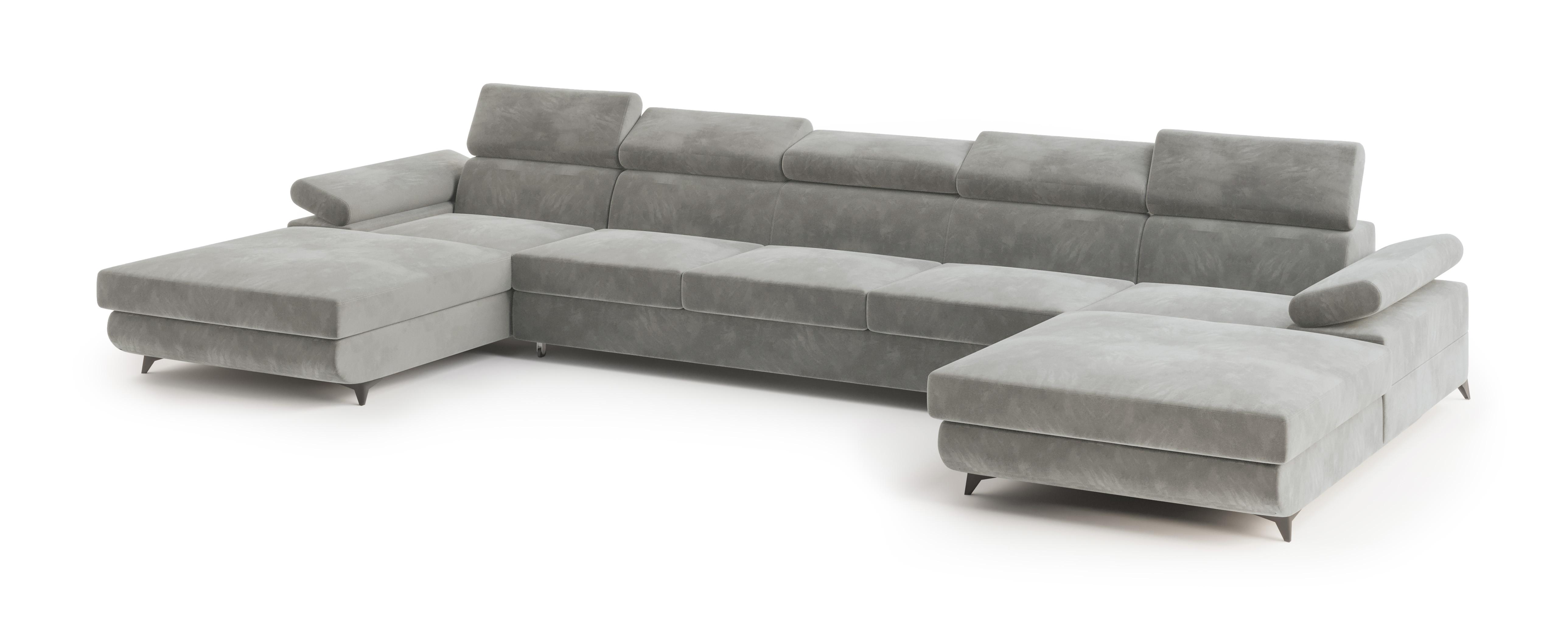 WOHNLANDSCHAFT VIVENTE Hellgrau Velours-Stoff mit Schlaffunktion - Hellgrau, Holz (410/89/190cm) - MASSENO