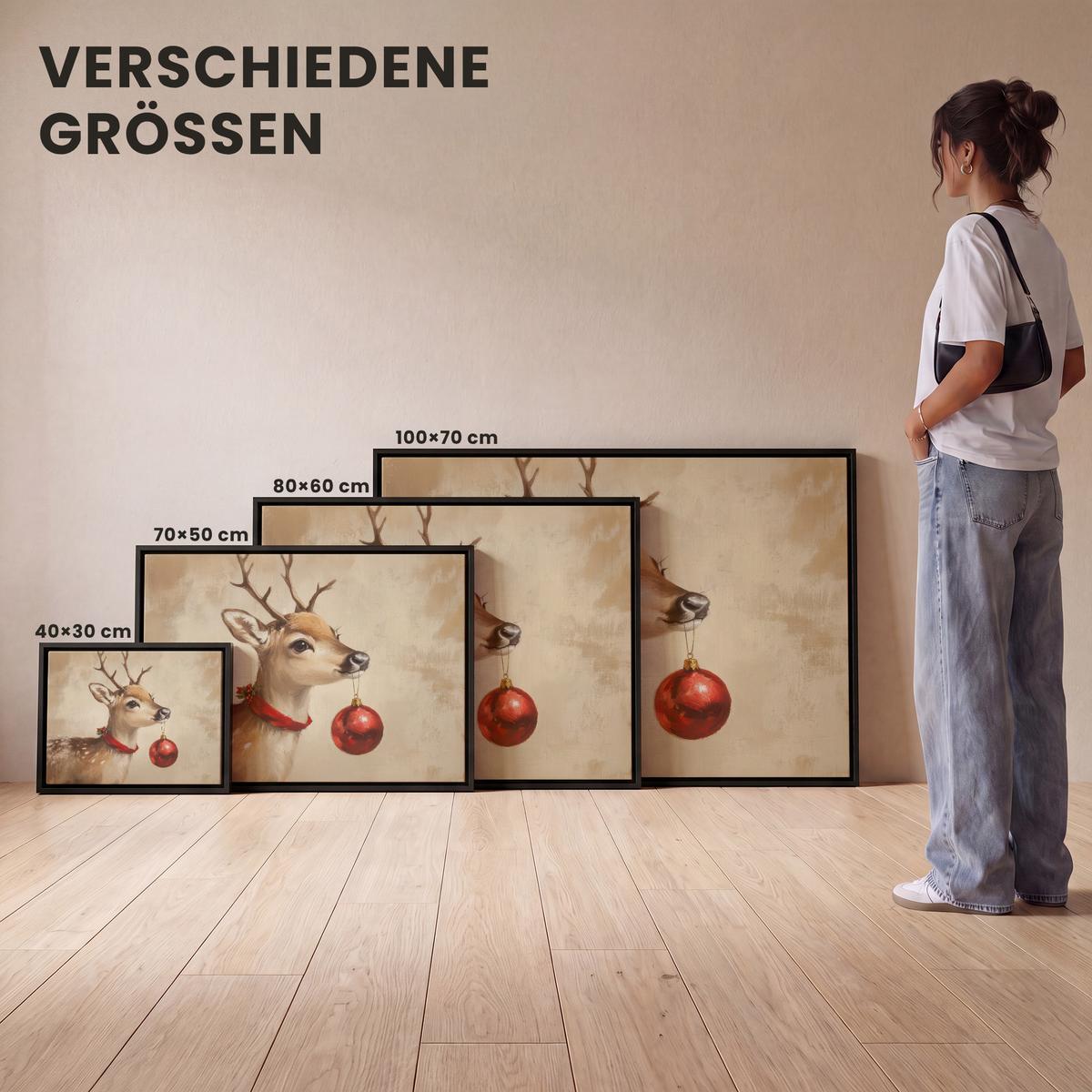LEINWAND Bilder mit Rahmen - Weihnachten - Hirsch - Geweih - Weihnachtskugel - Rentier - 70x50 - Hellbraun, Textil (70/50cm) - MuchoWow