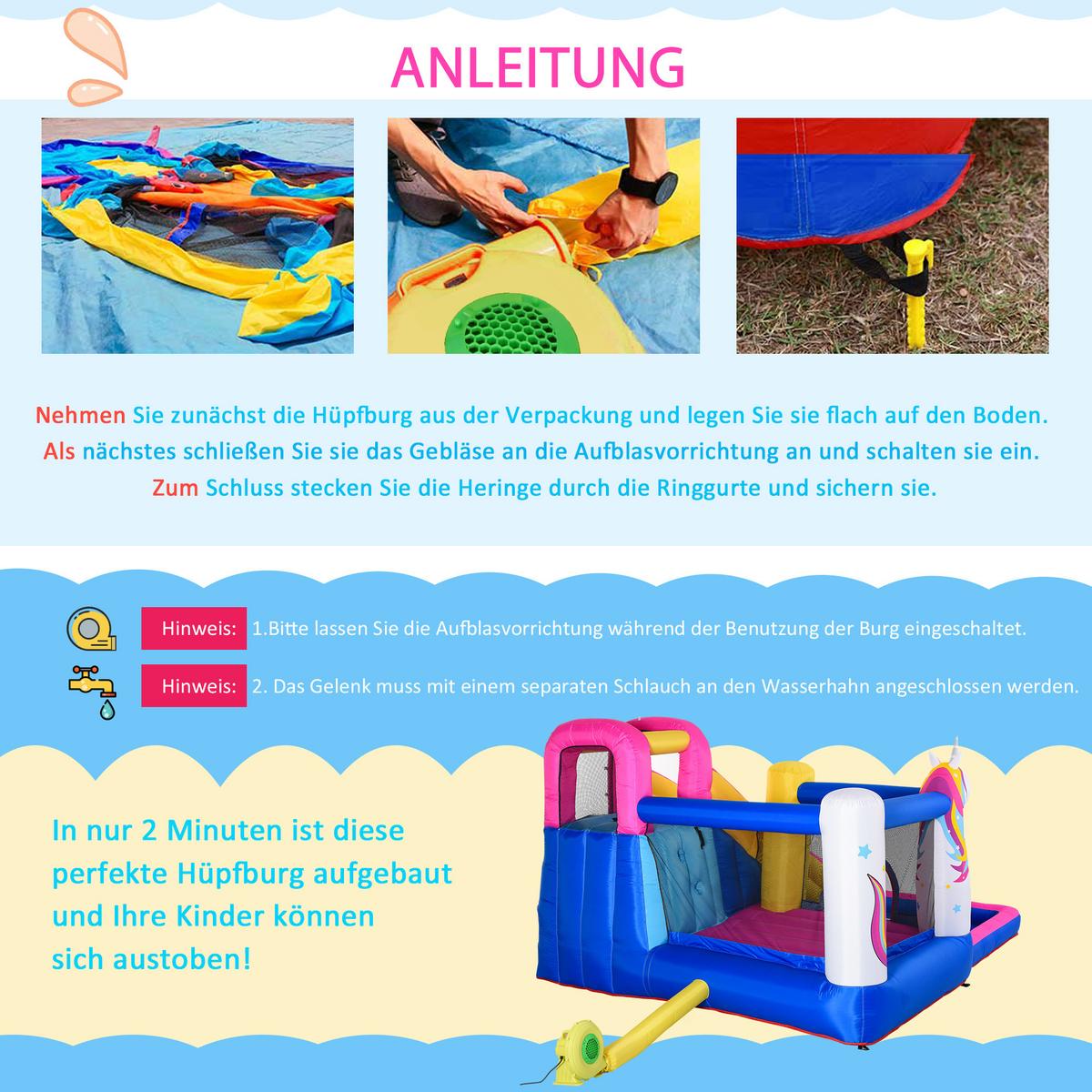 HÜPFBURG mit Rutsche aufblasbare Spielburg mit Gebläse Wasserpark für Kinder - Multicolor, Textil (360/305/210cm) - Outsunny