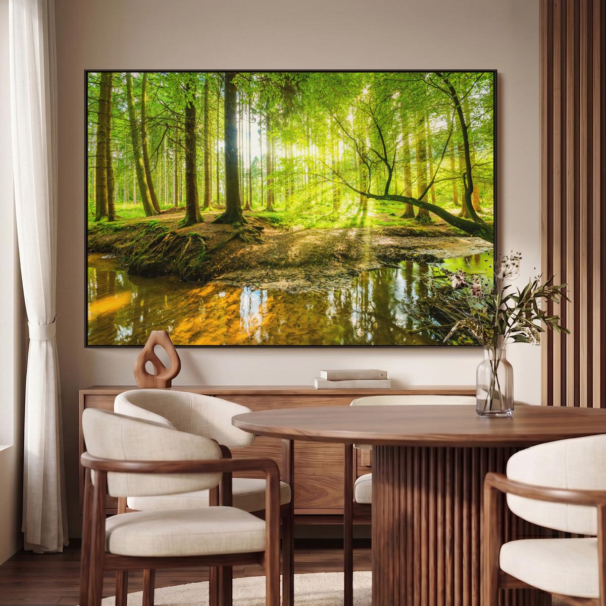 LEINWAND Bilder mit Rahmen - Wald - Landschaft - Wasser - Bäume - Sonne - Grün - Natur - 140x90 - Grün, Textil (140/90cm) - MuchoWow