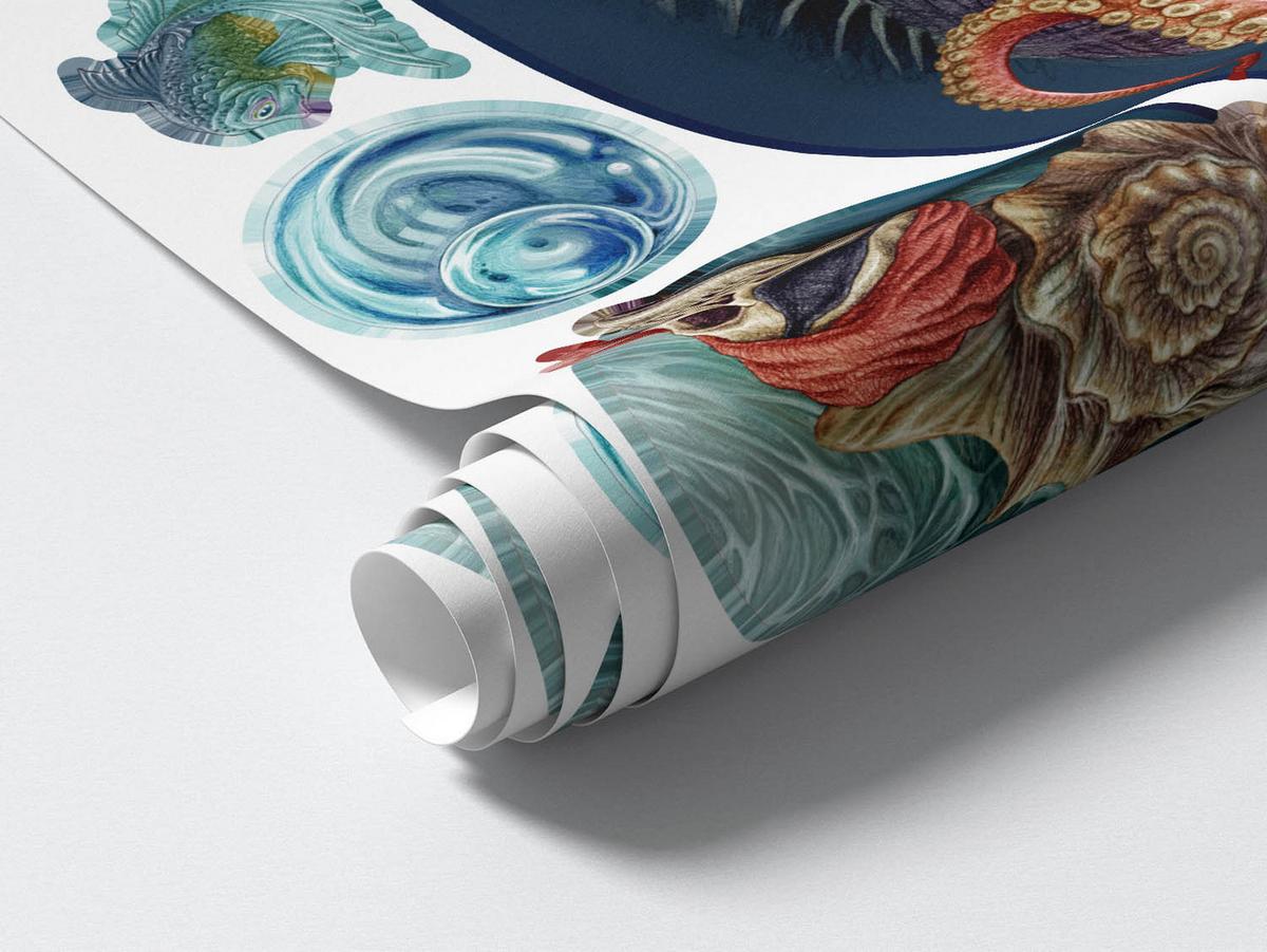 WANDAUFKLEBER 80x96cm - Die Unterwasserwelt des Oktopus - Multicolor, Kunststoff (80/96/0.1cm) - Wallfluent