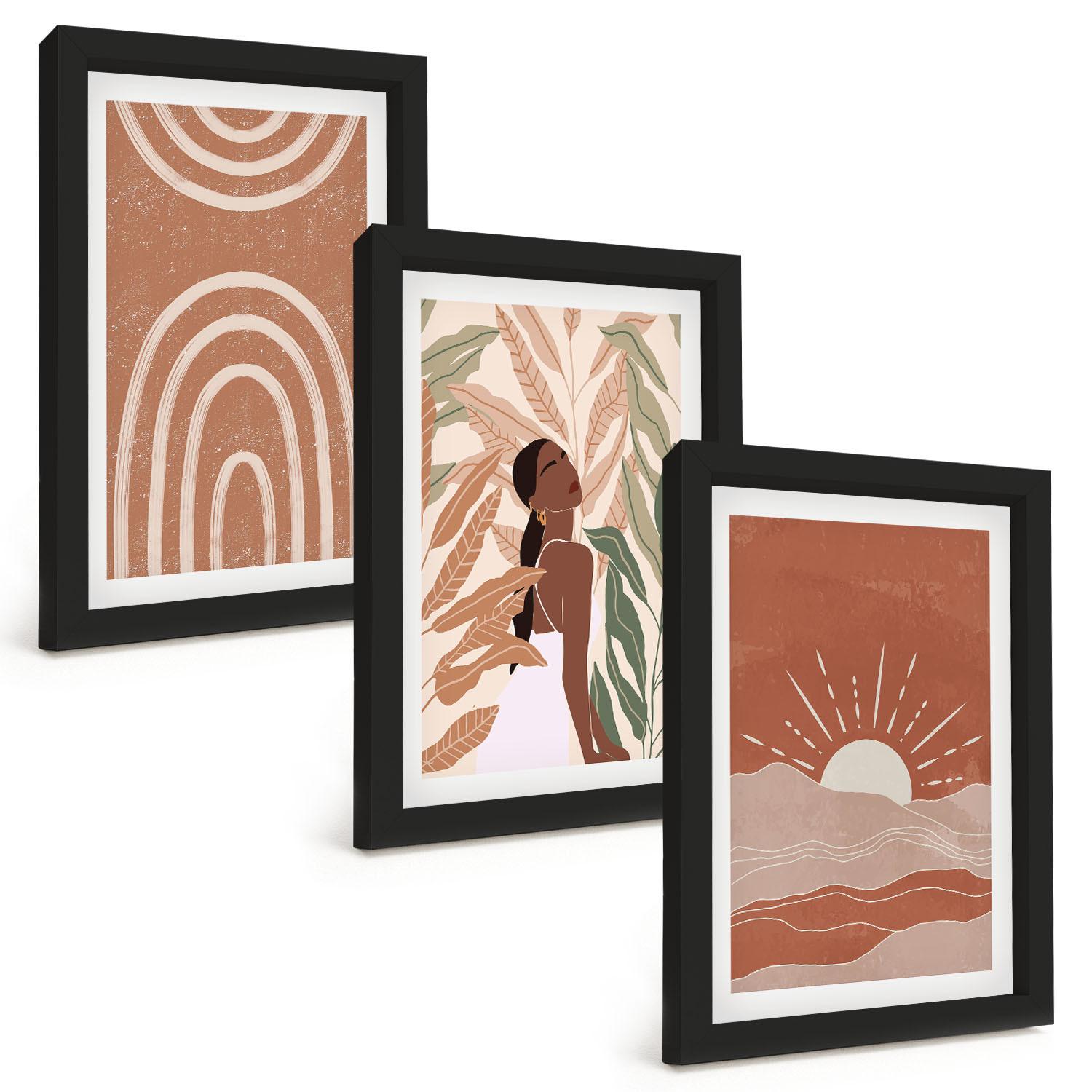 BILDER SET 3er Set - 20x30 cm Schwarzer Rahmen - abstrakte Formen im Boho-Stil - Schwarz, Kunststoff (20/30cm) - TULUP