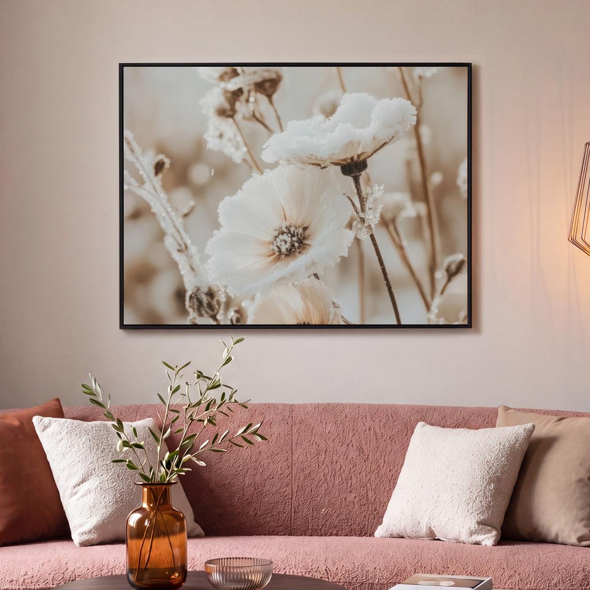 LEINWAND Bilder mit Rahmen - Blumen - Winter - Weiß - Schnee - Beige - 100x70 - Creme, Textil (100/70cm) - MuchoWow