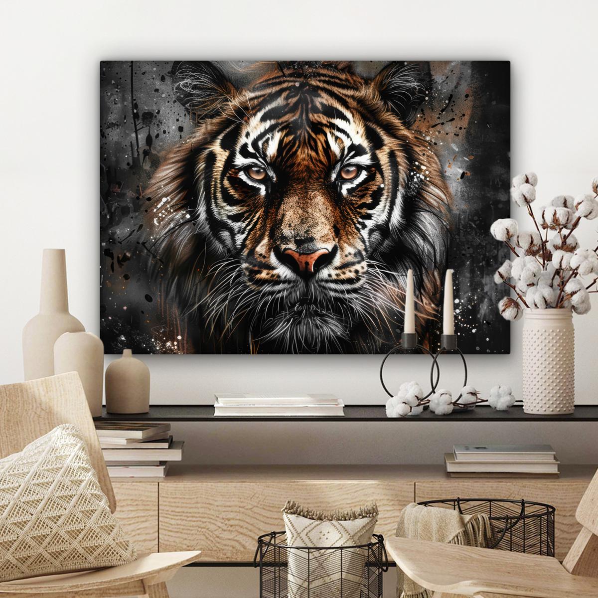 LEINWANDBILD Tiger - Tiere - Porträt - Luxus - Schwarz Wandbilder 80x60 cm - Anthrazit, Textil (80/60cm) - MuchoWow