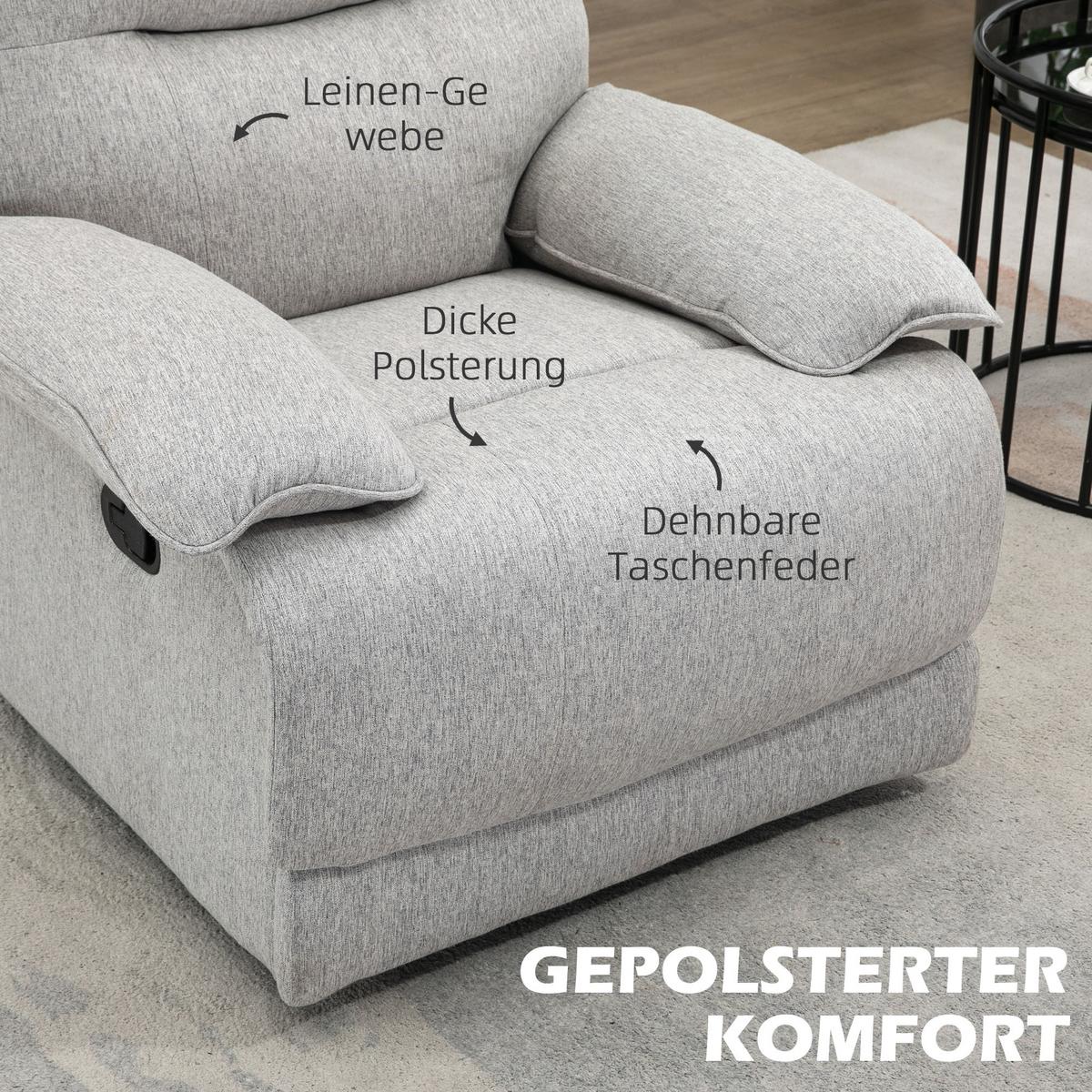 RELAXSESSEL Fernsehsessel mit Liegefunktion, Leinenoptik, bis 160 kg, Hellgrau - Hellgrau, Textil (98/101/89cm) - HOMCOM