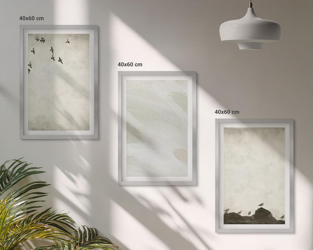 BILDER SET 3er Set - 40x60 cm Silberner Rahmen - Vögel, Steine, Pinselstriche, Verzierungen - Silberfarben, Kunststoff (40/60cm) - TULUP