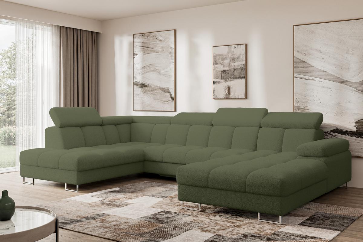 WOHNLANDSCHAFT mit Schlaffunktion und Bettkasten Ottomane Links COMA U 345x203x79 Grün Bouclé - Smaragdgrün, Holzwerkstoff/Textil (345/79/203cm) - ALTDECOR