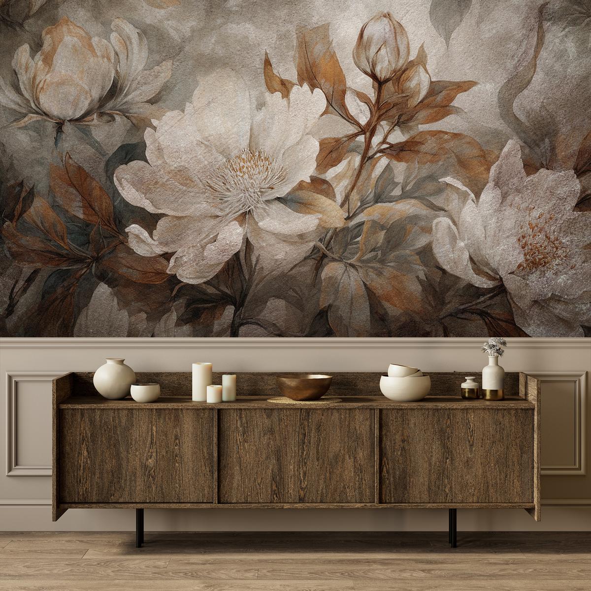 FOTOTAPETE für Wohnzimmer Blumen Blätter Pflanzen Natur Retro Stil 100x70 - Beige/Orange, Papier (100/70cm) - Muralo