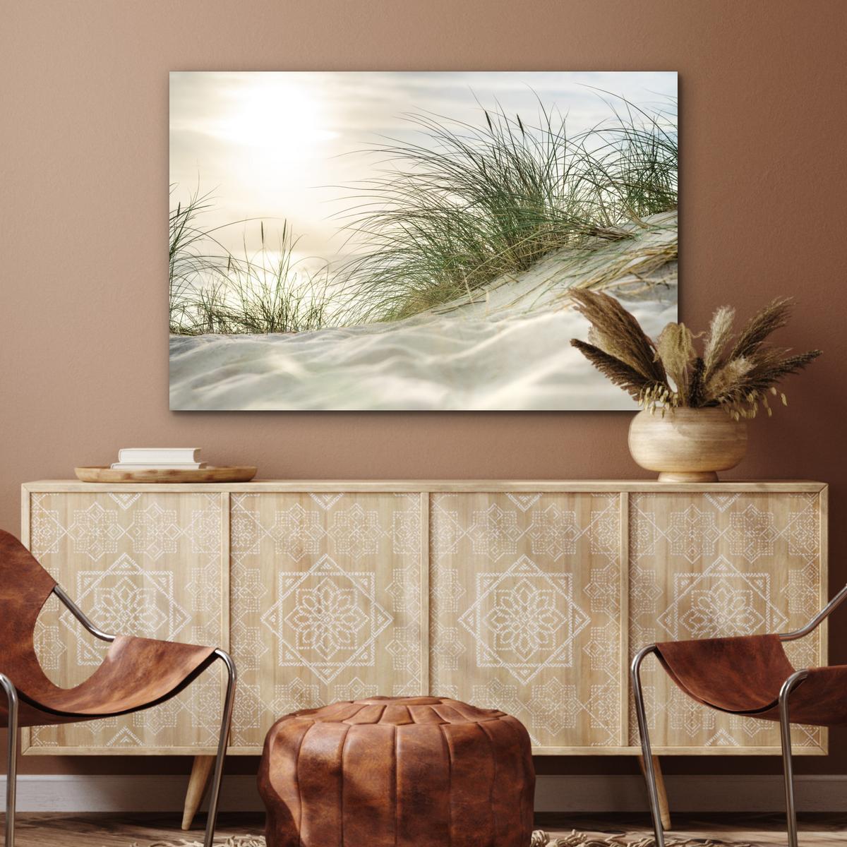 METALLBILD Dünen mit Strandhafer in der Sonne des Nationalparks Schleswig-Holsteinisches Wattenmeer Wanddeko 90x60 cm - Creme, Metall (90/60cm) - MuchoWow
