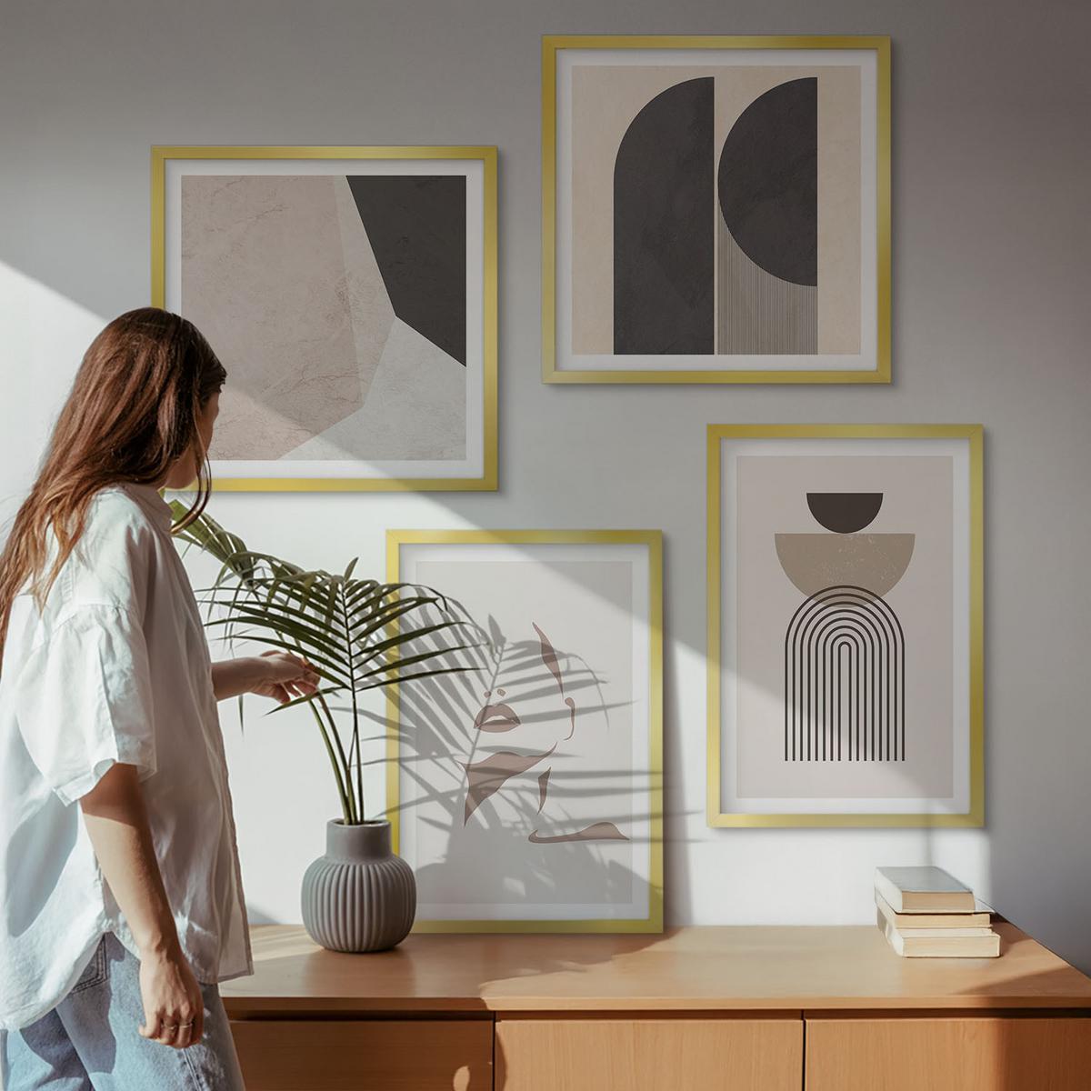 BILDER SET 4er Set - 50x50 cm & 40x60 cm Goldrahmen - Abstrakte weiß-braune Muster - Goldfarben, Kunststoff (50/50cm) - TULUP