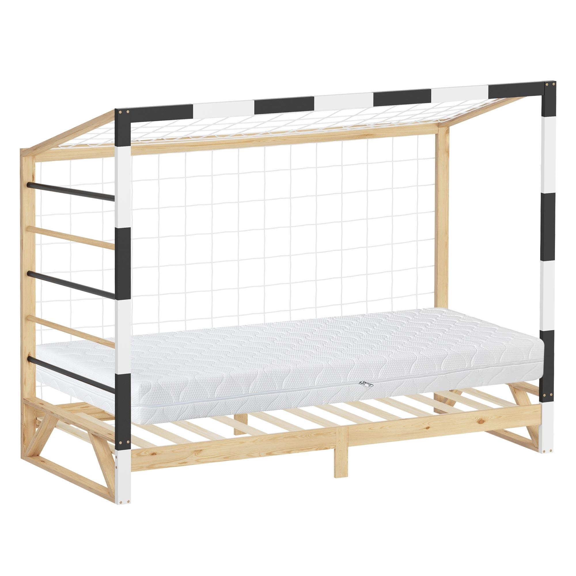 KINDERBETT Fußballtor mit Matratze 90 x 200 cm Schwarz-Weiß Kiefernholz - Naturfarben, Holz (90/200cm) - ML-DESIGN