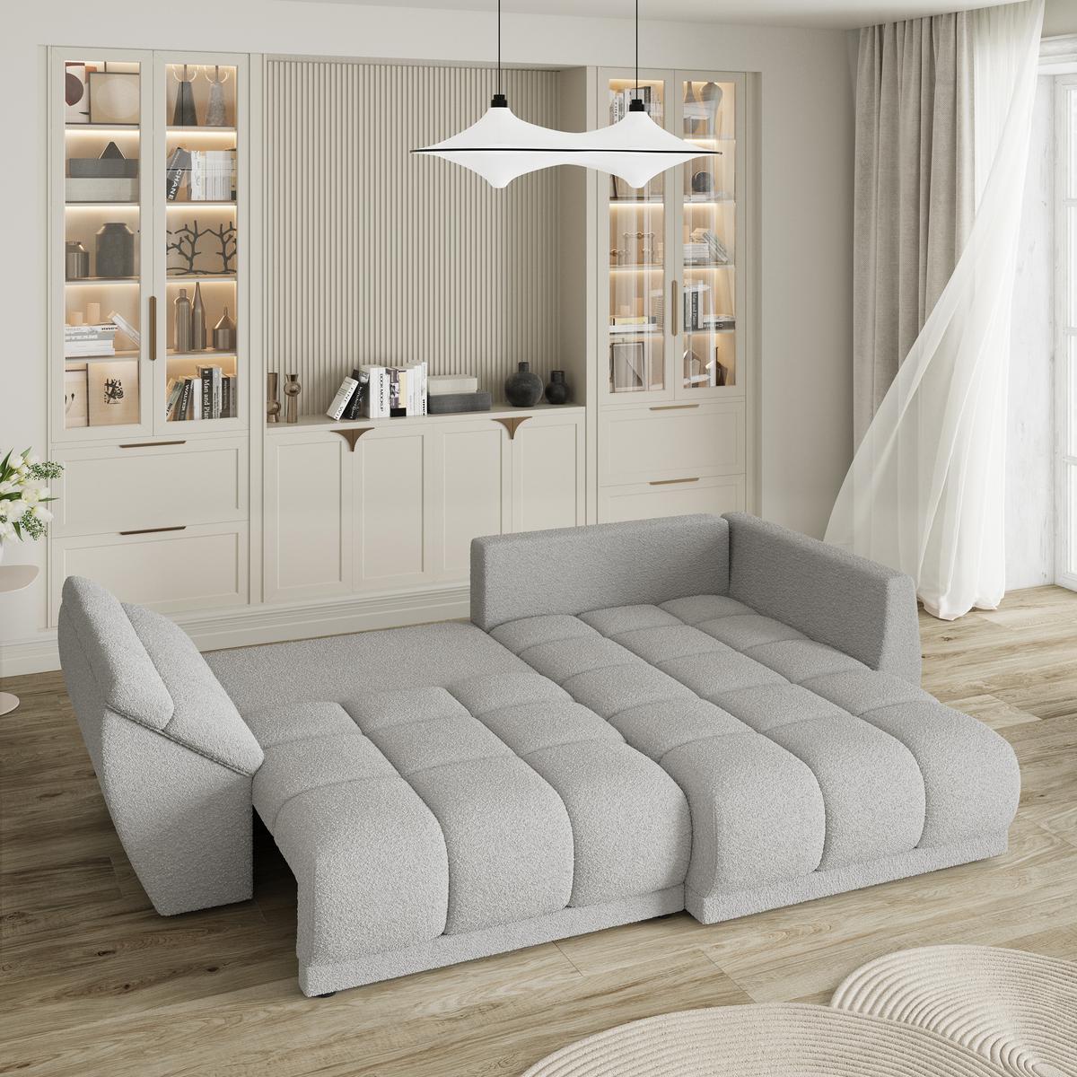 ECKSOFA ORENTI R-S Hellgrau Boucle-Stoff mit Schlaffunktion - Hellgrau, Holz (287/182cm) - MASSENO