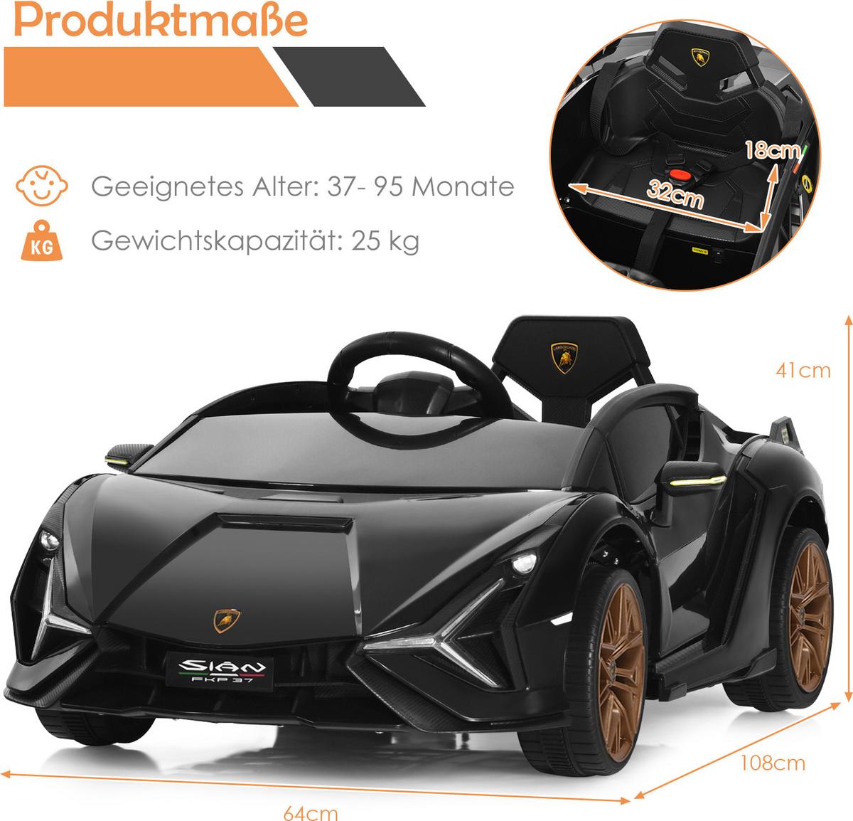 KINDERAUTO Lamborghini 12V Schwarz - Schwarz, Kunststoff (108/41/64cm) - COSTWAY