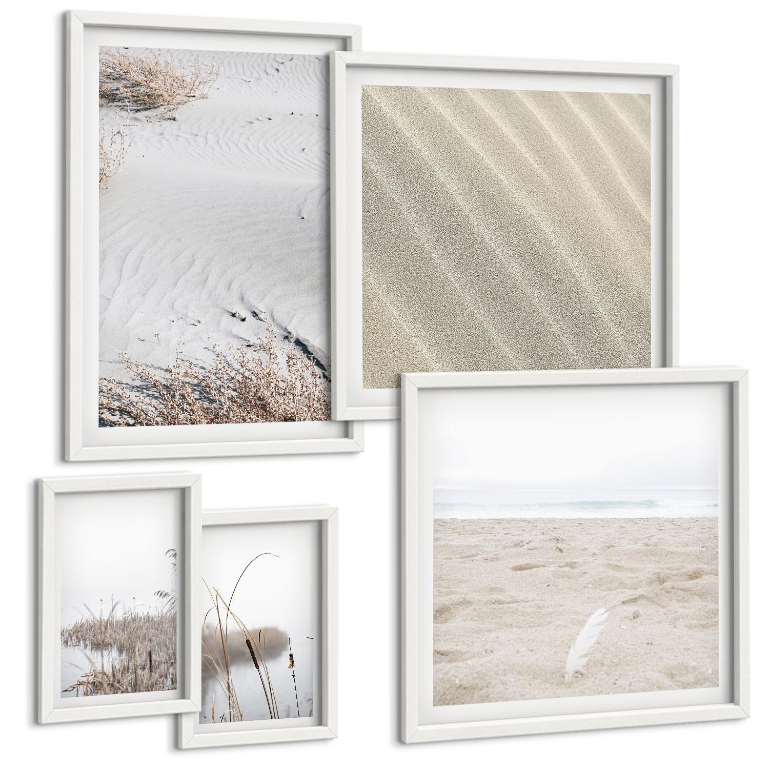 BILDER SET 5er Set - 50x50 cm & 20x30 cm & 40x60 cm Weißer Rahmen - Vegetation am Wasser im Sommer - Weiß, Kunststoff (40/60cm) - TULUP