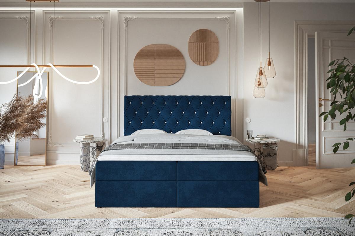 BOXBETT BOSTON mit 2 Bettkästen, 180x200, Farbe: Dunkelblau, Velourstoff, Doppelbett mit Bonell-Matratze - Dunkelblau, Holz/Kunststoff (180/200cm) - Alpi-Möbel