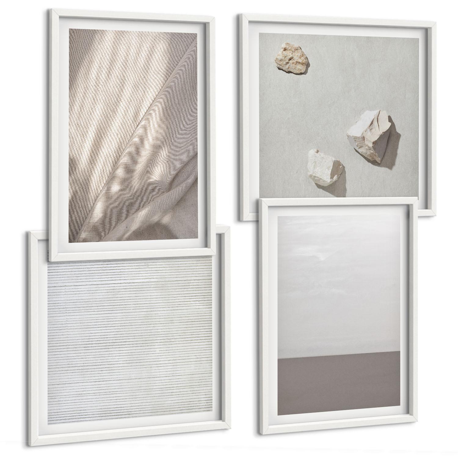 BILDER SET 4er Set - 50x50 cm & 40x60 cm Weißer Rahmen - Zarte Boho-Texturen der Natur - Weiß, Kunststoff (50/50cm) - TULUP