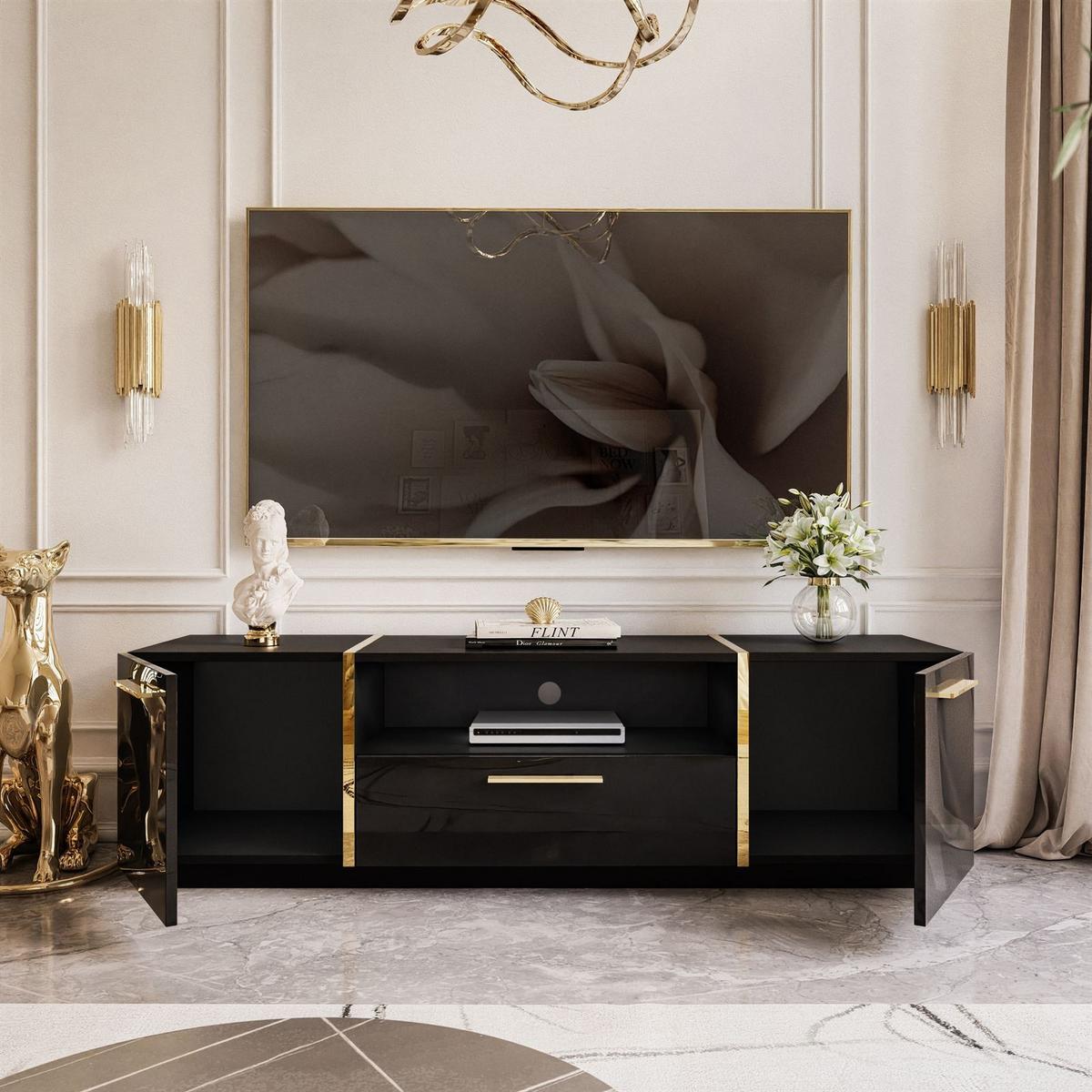 TV-ELEMENT ONYX HOCHGLANZ 158 CM - Goldfarben/Schwarz, Holzwerkstoff (158/46/41.3cm) - Lookway