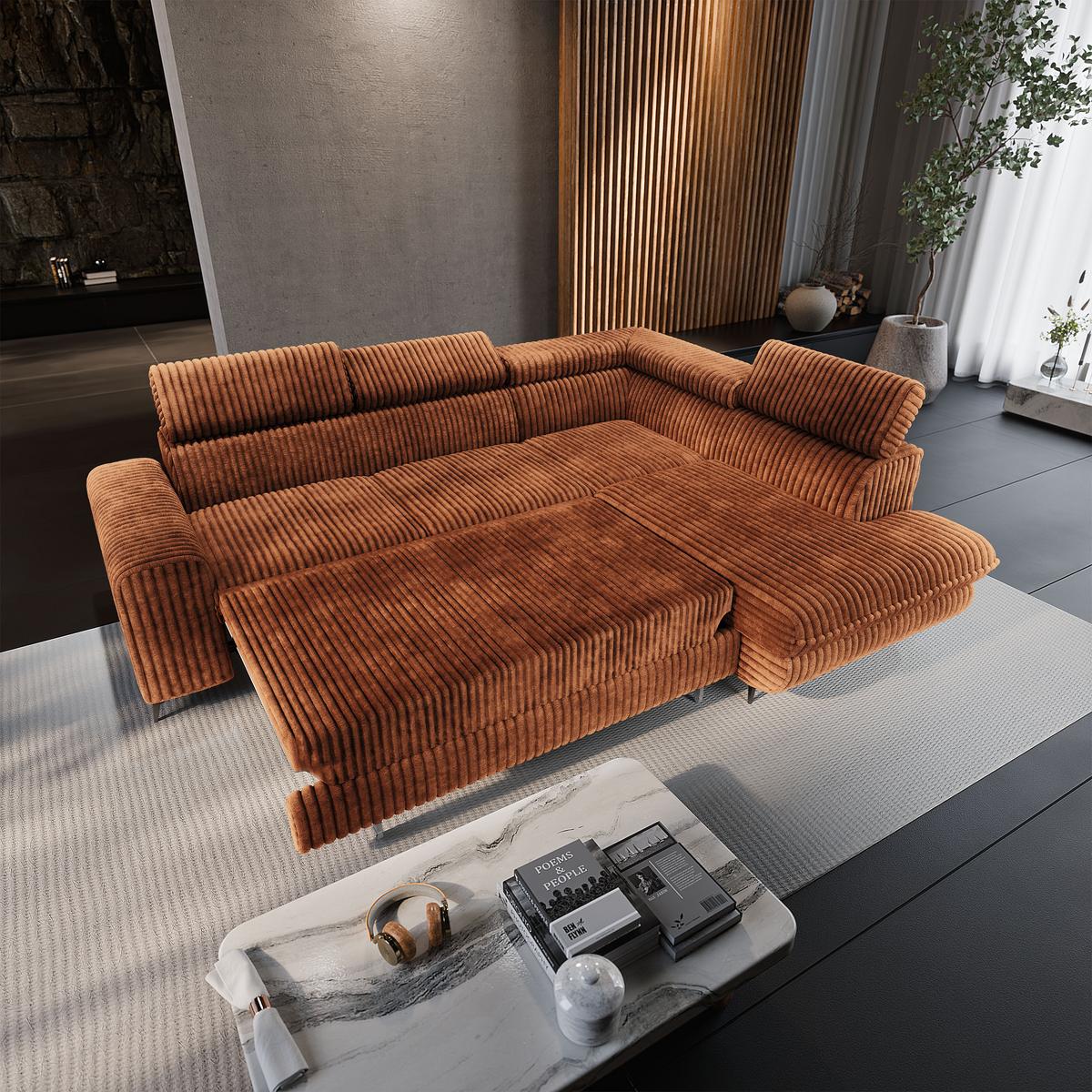 ECKSOFA VELISS Braun Kordstoff mit Schlaffunktion - Braun, Holz (255/193cm) - MASSENO