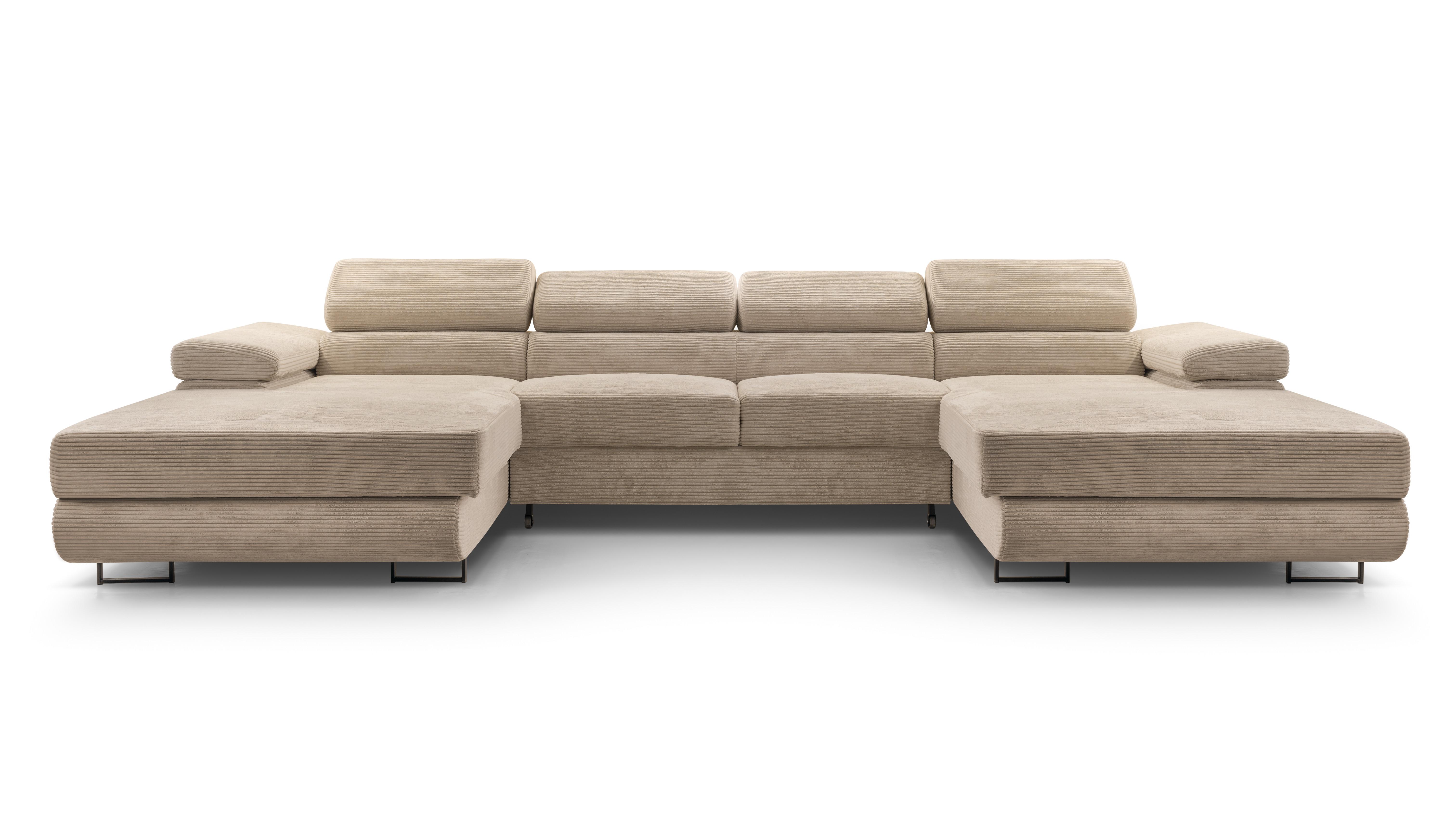 WOHNLANDSCHAFT GIULIO Beige Velours-Stoff mit Schlaffunktion - Beige, Holz (352/90/202cm) - MASSENO