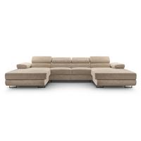 WOHNLANDSCHAFT GIULIO Beige Velours-Stoff mit Schlaffunktion - Beige, Holz (352/90/202cm) - MASSENO