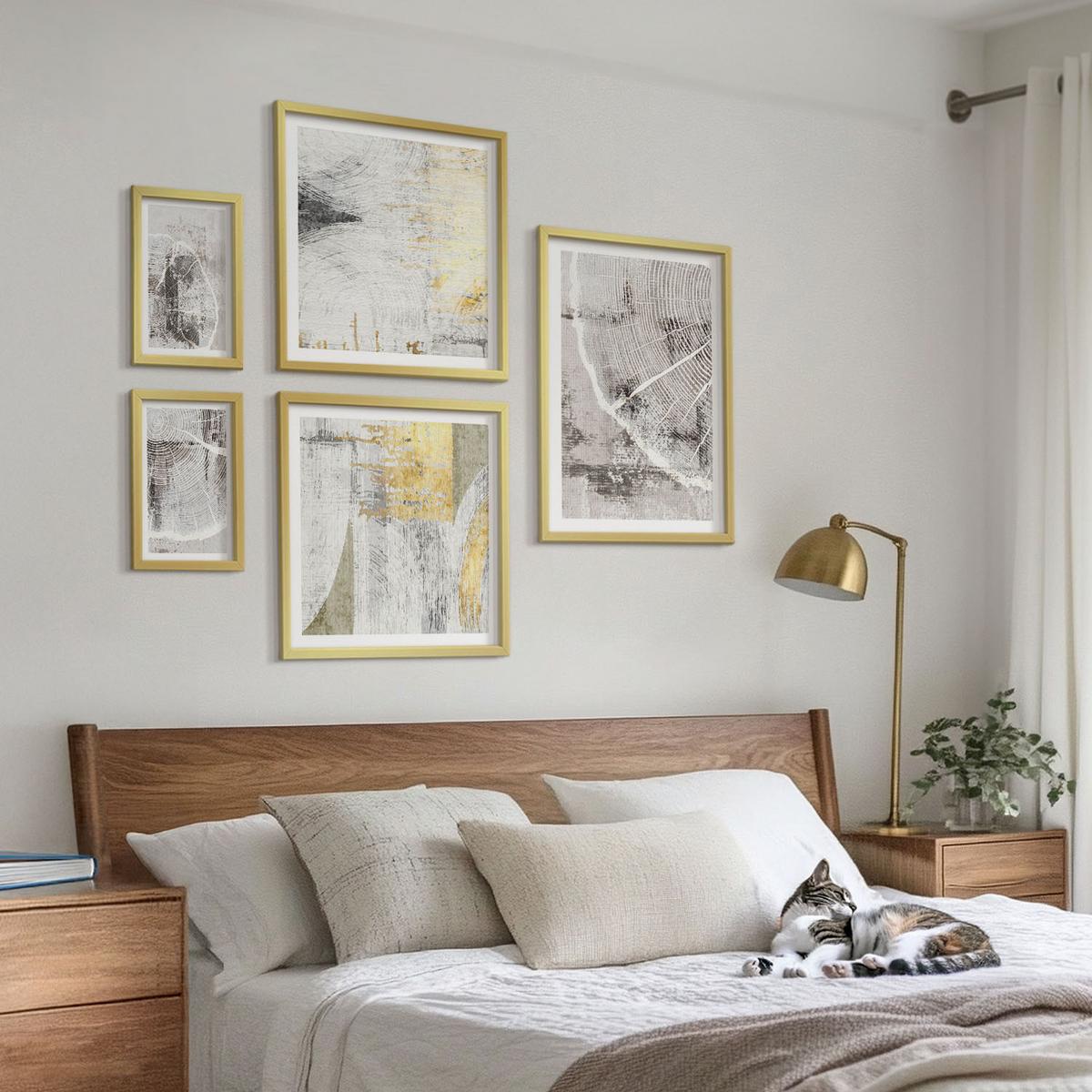 BILDER SET 5er Set - 50x50 cm & 20x30 cm & 40x60 cm Goldrahmen - Beige abstrakte Formen Linien - Goldfarben, Kunststoff (40/60cm) - TULUP
