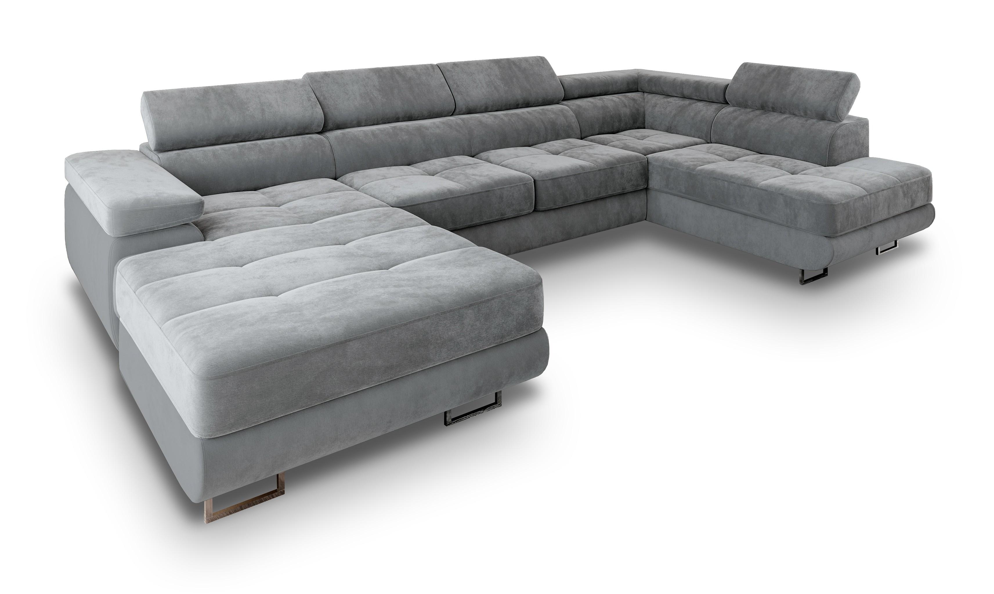 WOHNLANDSCHAFT CASONE R-S Hellgrau Velours-Stoff mit Schlaffunktion - Silberfarben/Hellgrau, Holz/Textil (345/90/202cm) - MASSENO