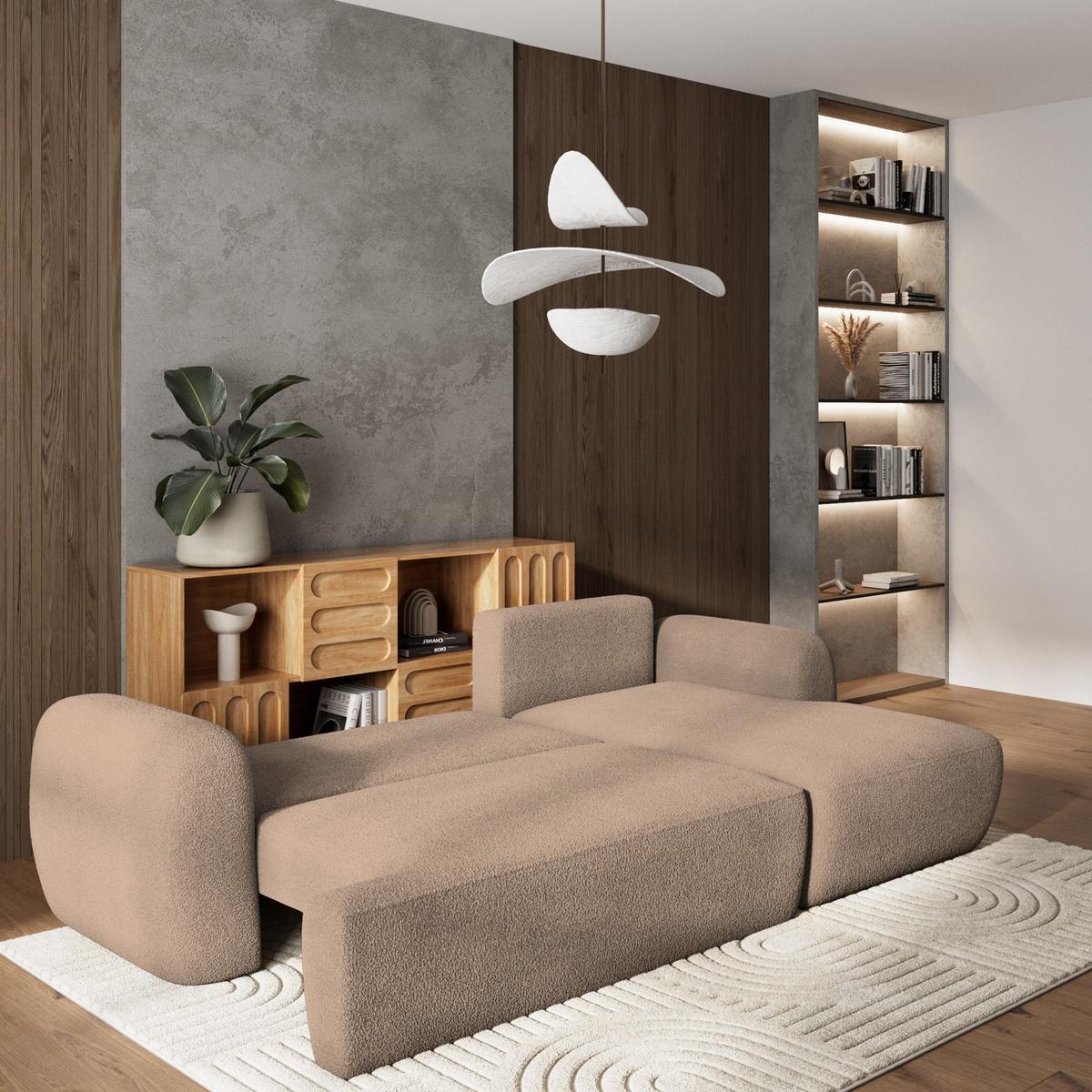 ECKSOFA MODENZA N R-S Beige Boucle-Stoff mit Schlaffunktion - Beige/Schwarz, Holz/Kunststoff (266/148cm) - MASSENO