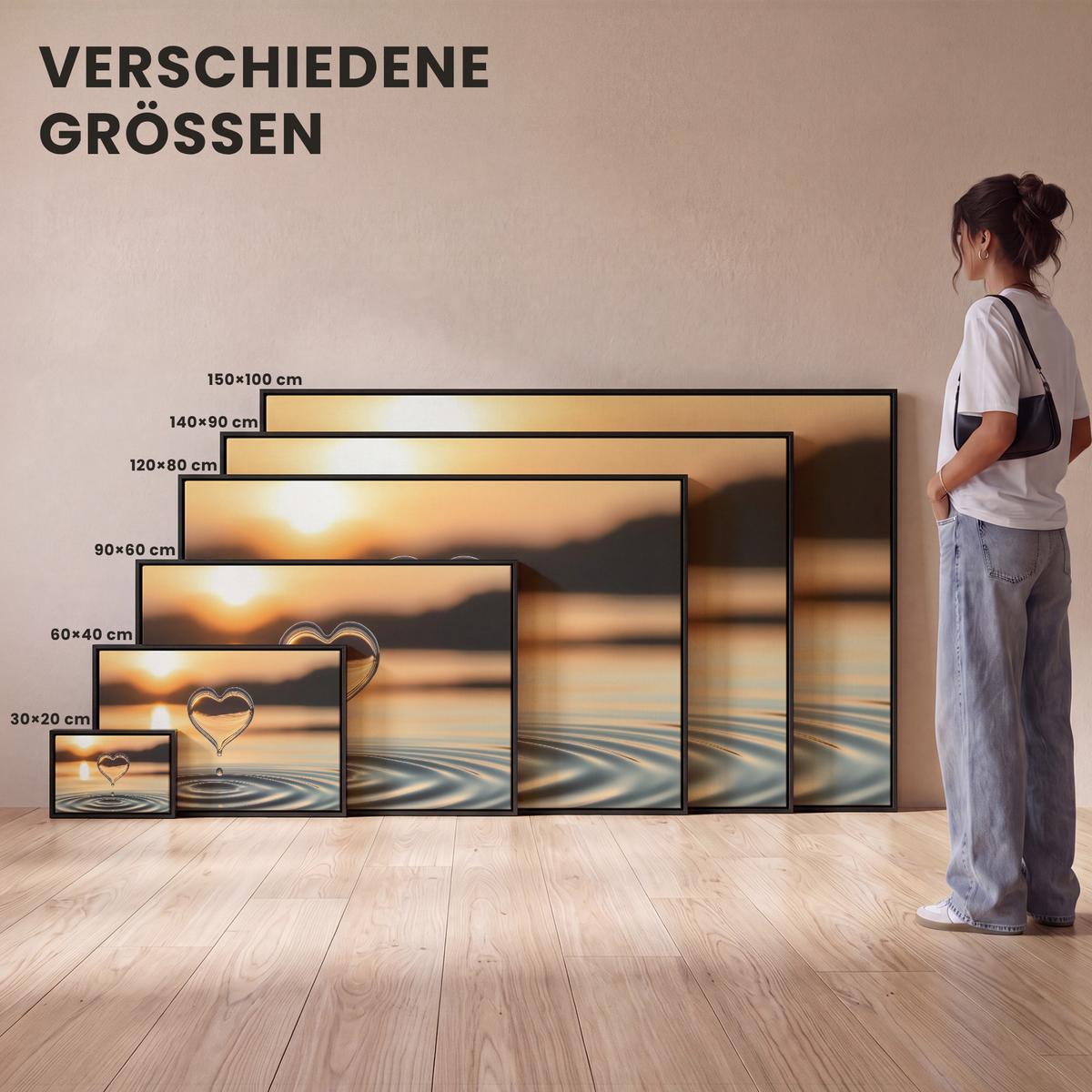 LEINWAND Bilder mit Rahmen - Herz - Wasser - Sonnenuntergang - Natur - Zen - 120x80 - Bernsteinfarben, Textil (120/80cm) - MuchoWow