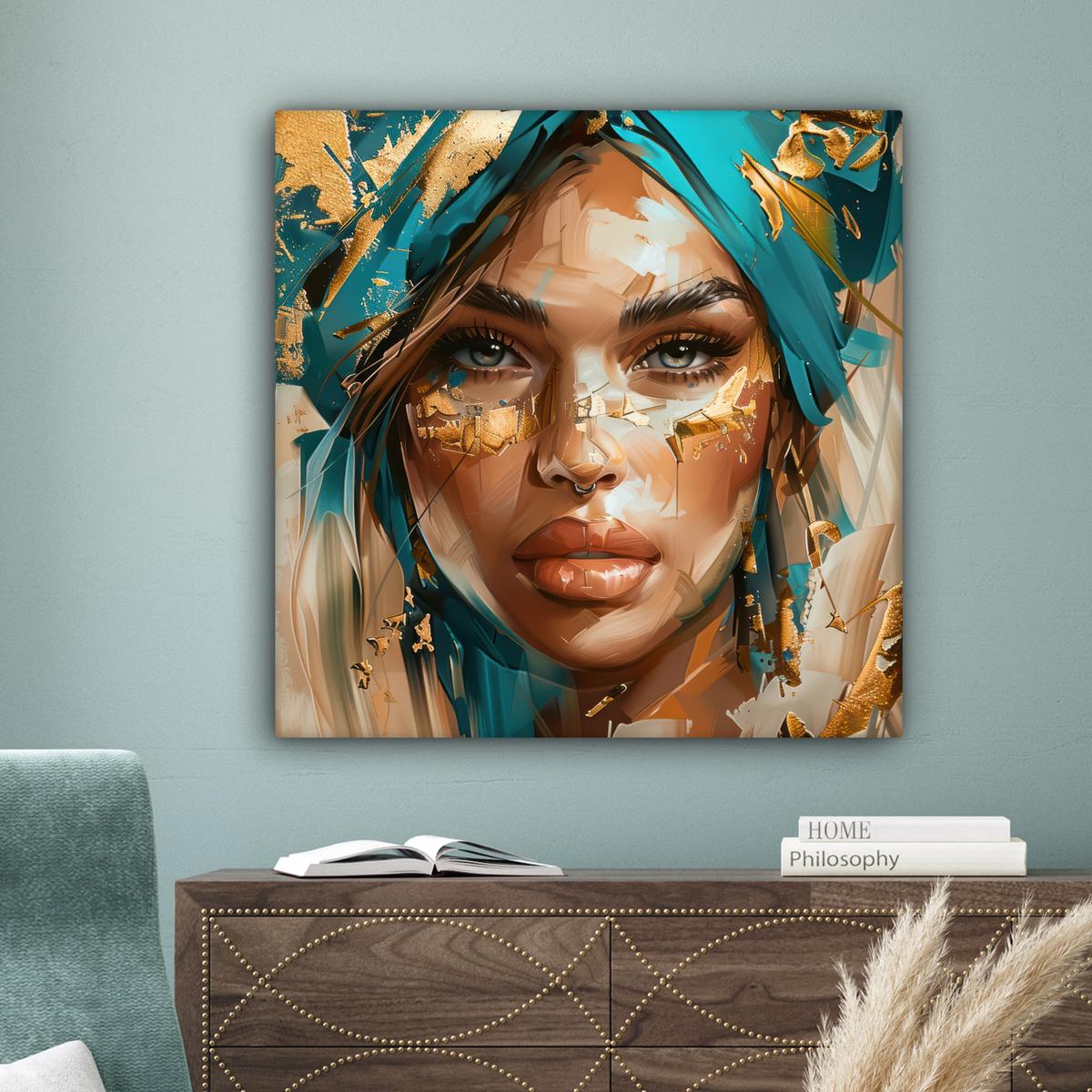 LEINWANDBILD Frau - Porträt - Gold - Luxus - Blau Deko Groß 90x90 cm - Türkis, Textil (90/90cm) - MuchoWow