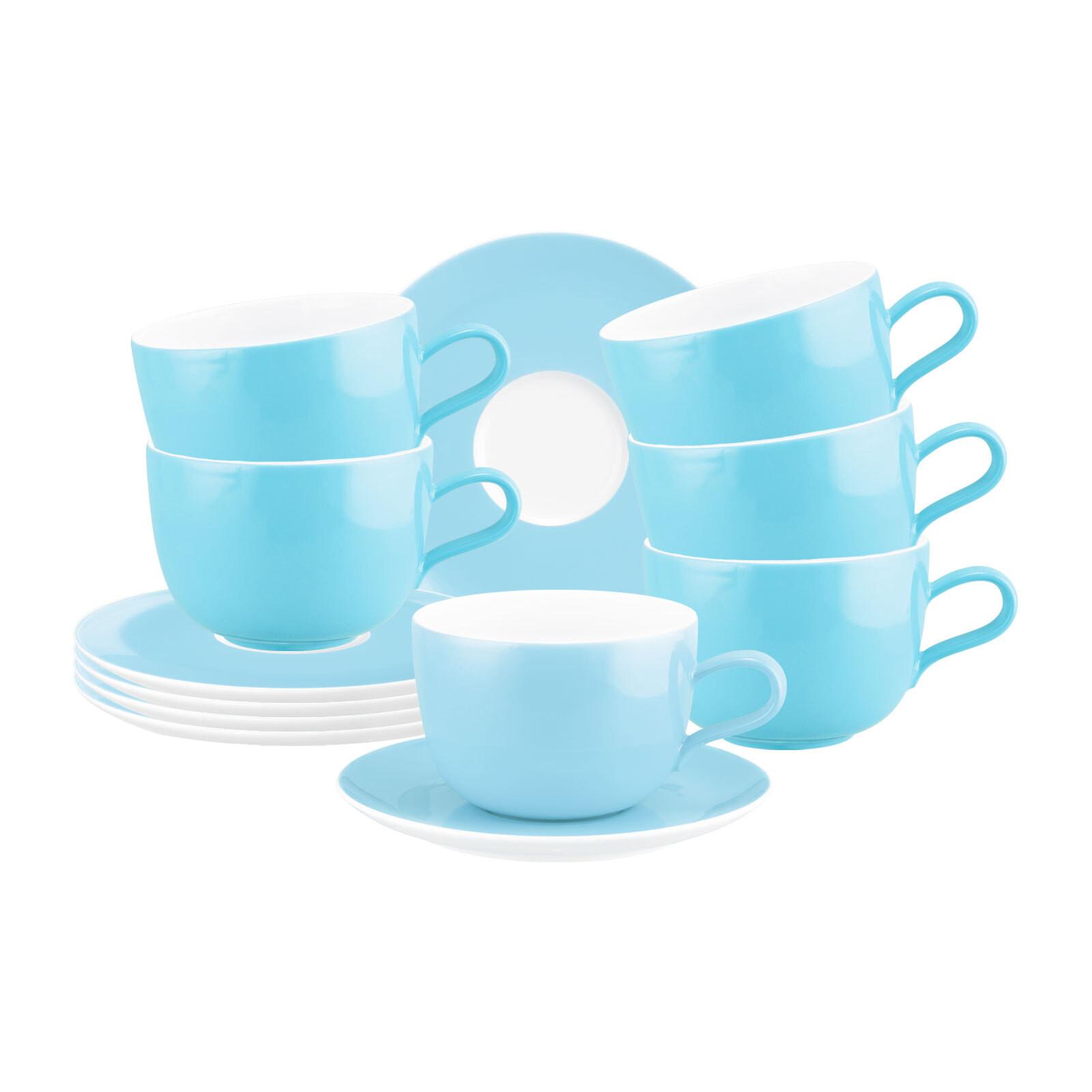 MILCHKAFFEETASSEN MIT UNTERTASSEN Liberty Pure Colors Lagoon Blue 380 ml 6er Set - Blau, Keramik (0.38L) - Seltmann Weiden