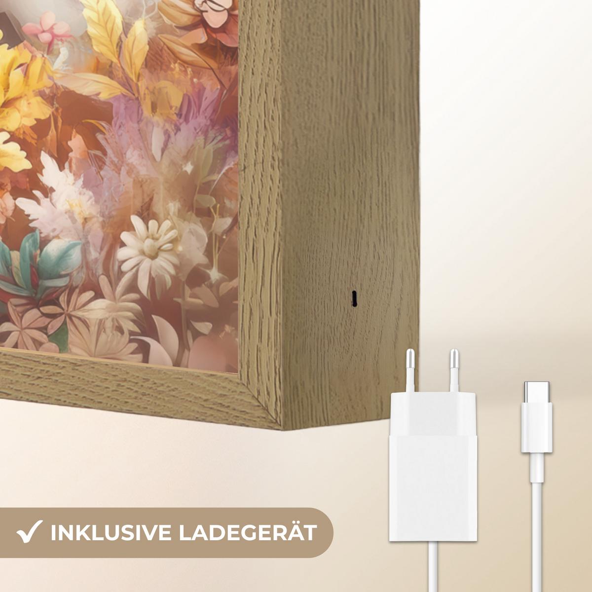 WANDLEUCHTE MIT AKKU Einhorn - Blumen - Schmetterling - Rosa 40x60 cm - Beige, Holzwerkstoff (40/60/8cm) - OnlyWow