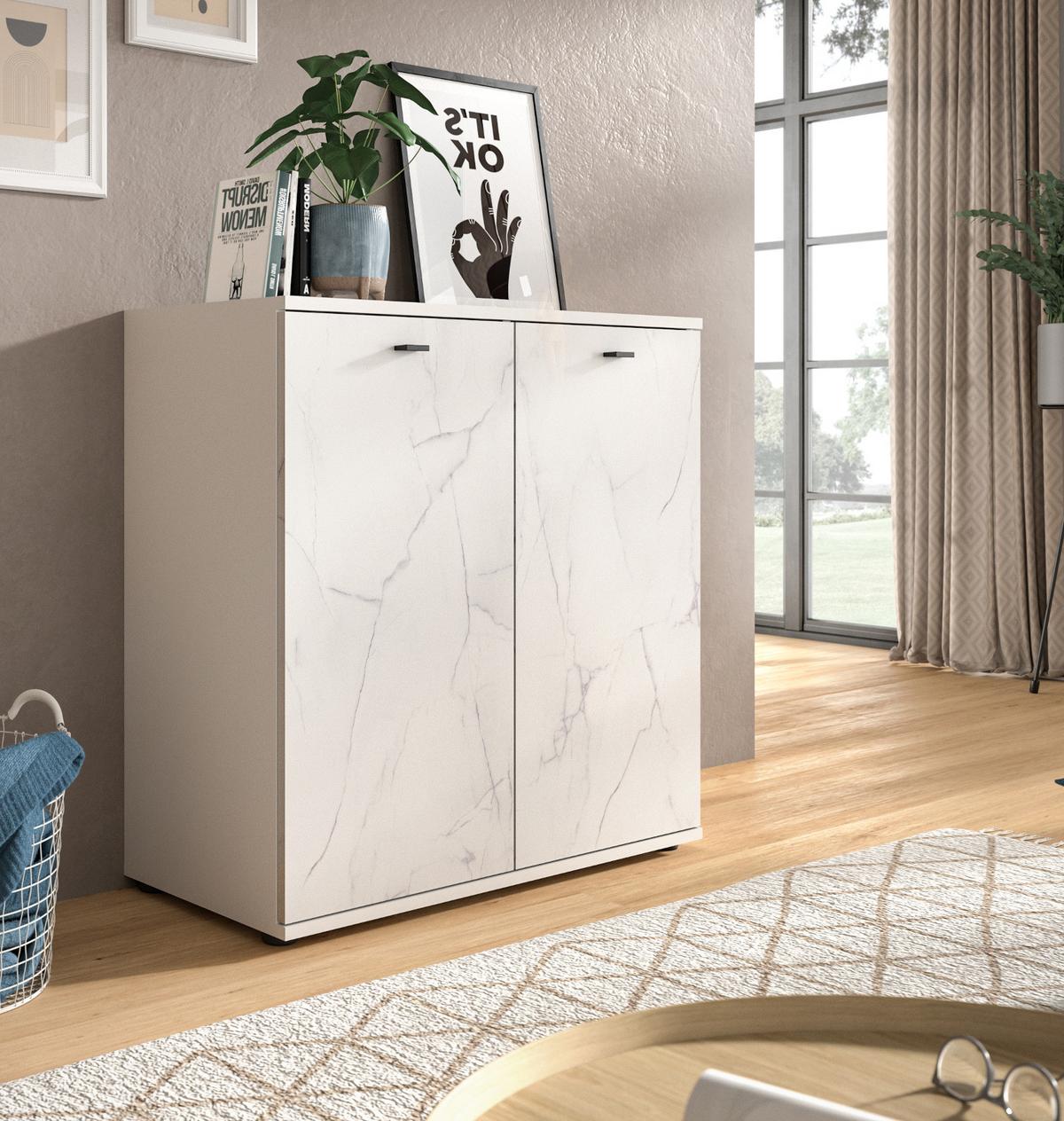 KOMMODE weiß Marmor 86 x 88 cm, Sideboard mit Soft-Close - Schwarz/Weiß, Holzwerkstoff/Kunststoff (86/87/40cm) - Inn.Furn