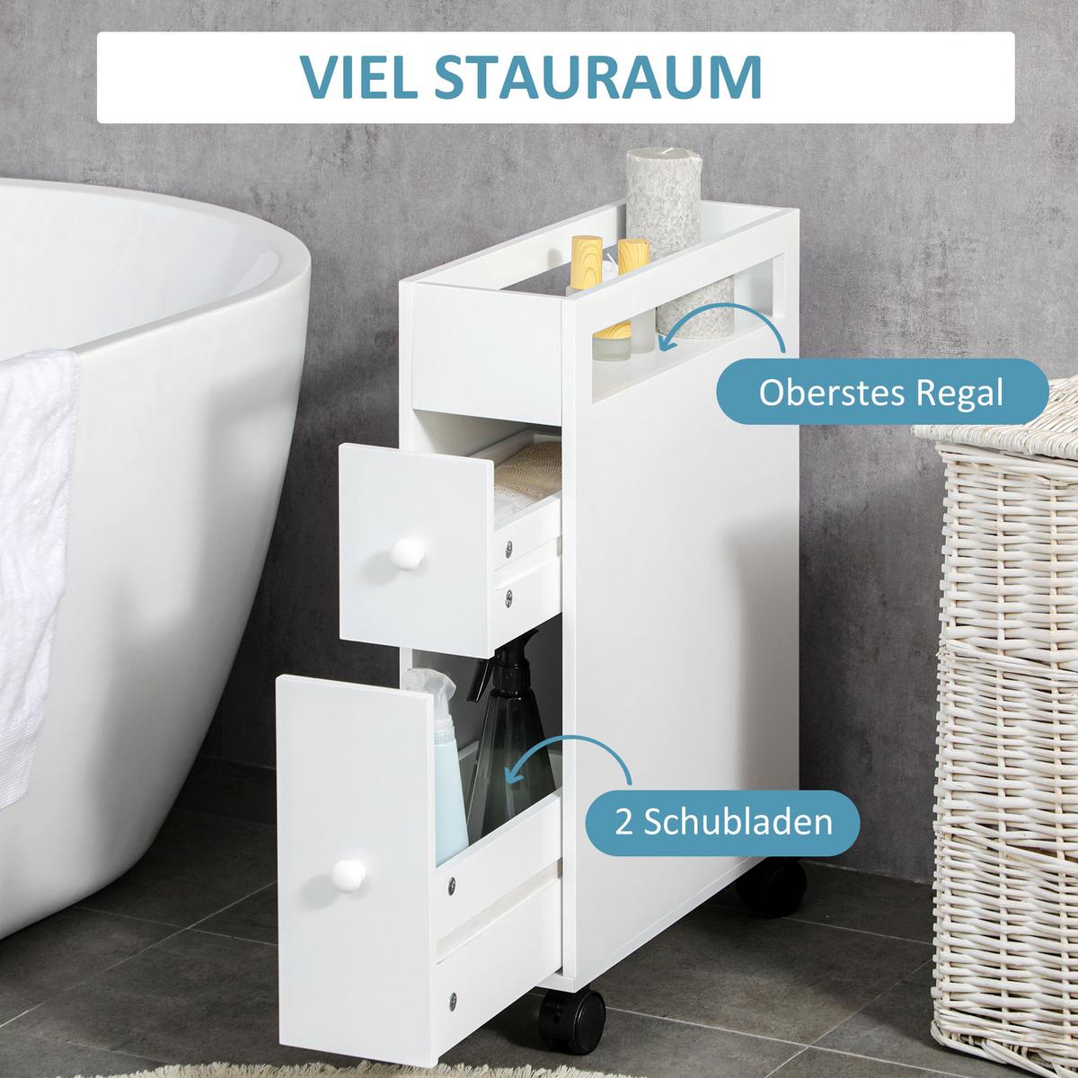 BADEZIMMERSCHRANK mit Rollen, Nischenschrank mit 2 Schubladen, offenem Fach - Schwarz/Weiß, Holz/Kunststoff (49.5/66/16cm) - HOMCOM