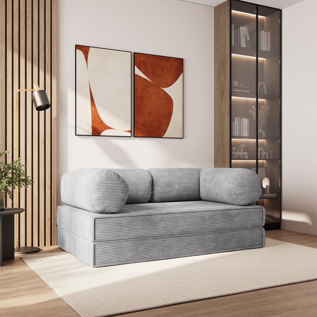 BETTSOFA ALVIO aus Schaumstoff Cordstoff Hellgrau Schlaffunktion - Hellgrau, Textil (170/68/80cm) - MASSENO