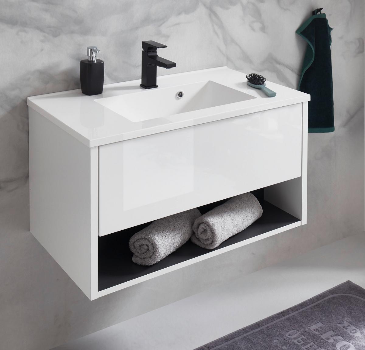 WASCHBECKENUNTERSCHRANK weiß Hochglanz, Waschtisch komplett mit Waschbecken, 80 cm hängend - Weiß Hochglanz/Grau, Holzwerkstoff/Metall (80/44/47cm) - Furn.Design