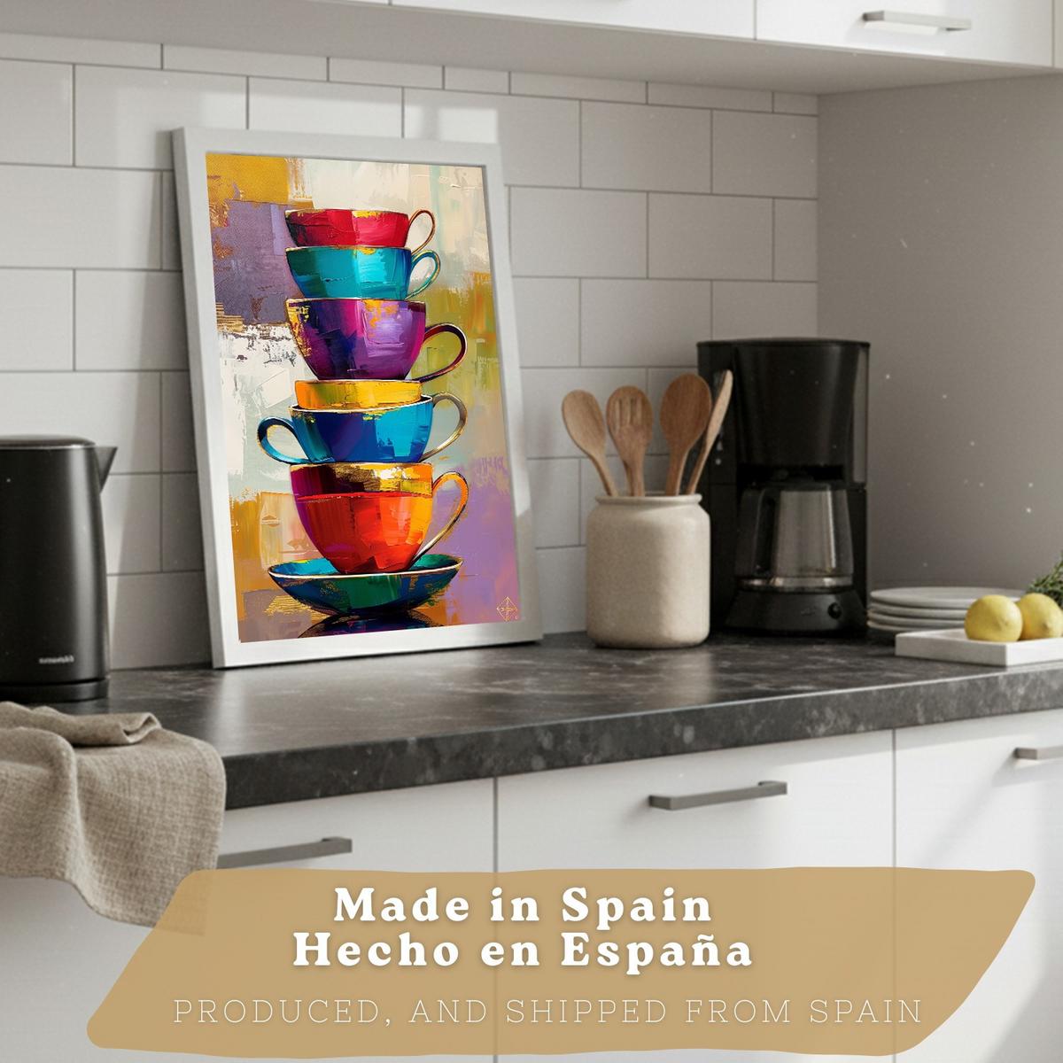 POSTER 2er Set Küchen-Wandbilder Kaffeetassen und Espressomaschine Pop Art Bunt Esszimmer Wanddeko Rahmenlos A4 - Weiß, Papier (29.7/1/21cm) - Nacnic