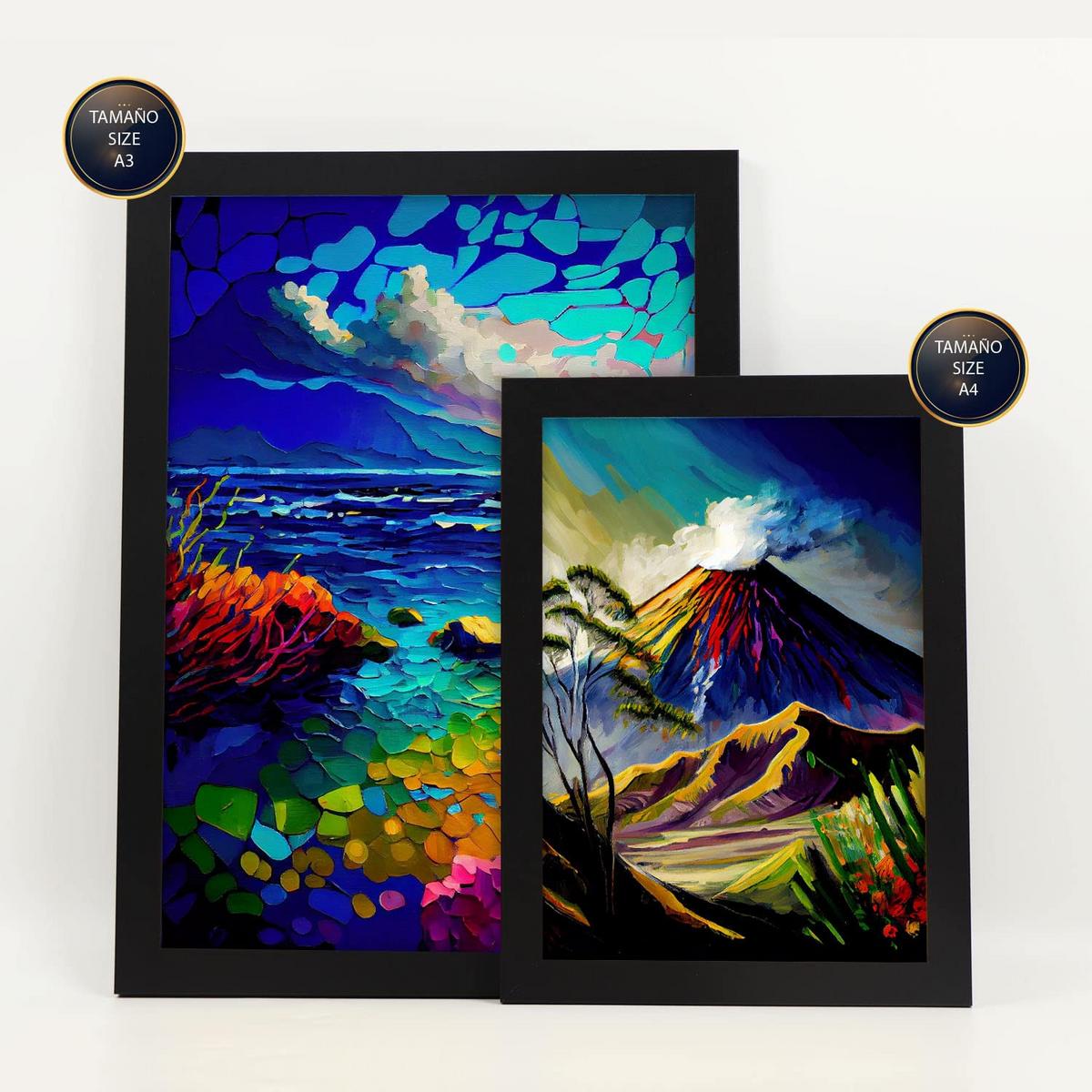 POSTER Set Mit 6 Berge Im Ölgemälde Stil A3 & A4 Schwarzer Rahmen - Schwarz, Papier (29/3cm) - Nacnic