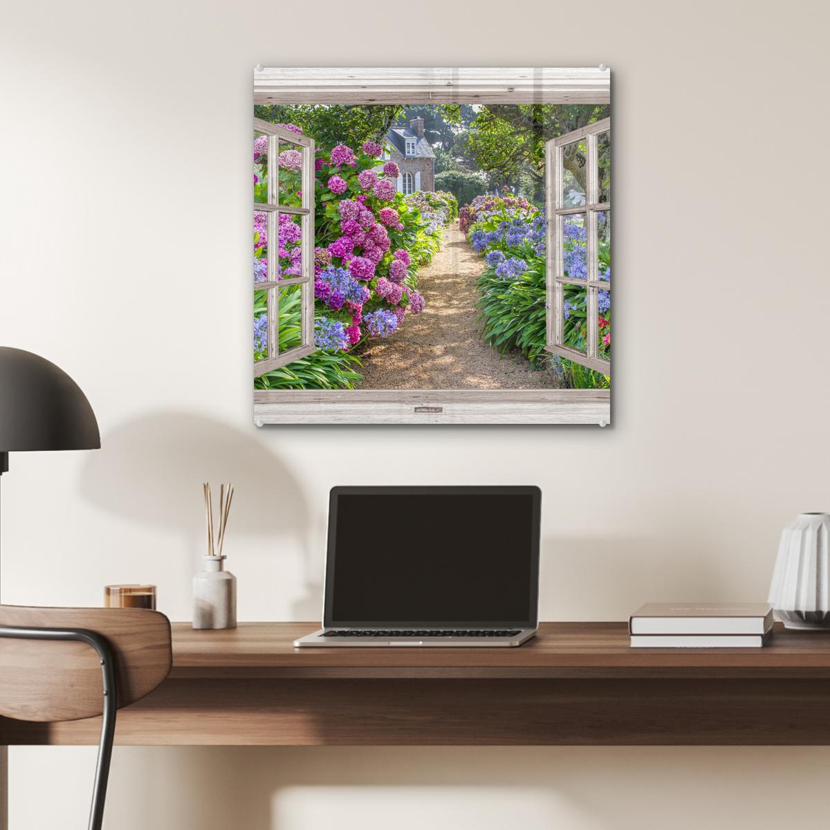 ACRYLGLASBILD Hortensie - Durchsichtig - Blumen - Sommer - Lila - Weg 50x50 cm - Lila, Glas (50/50cm) - MuchoWow